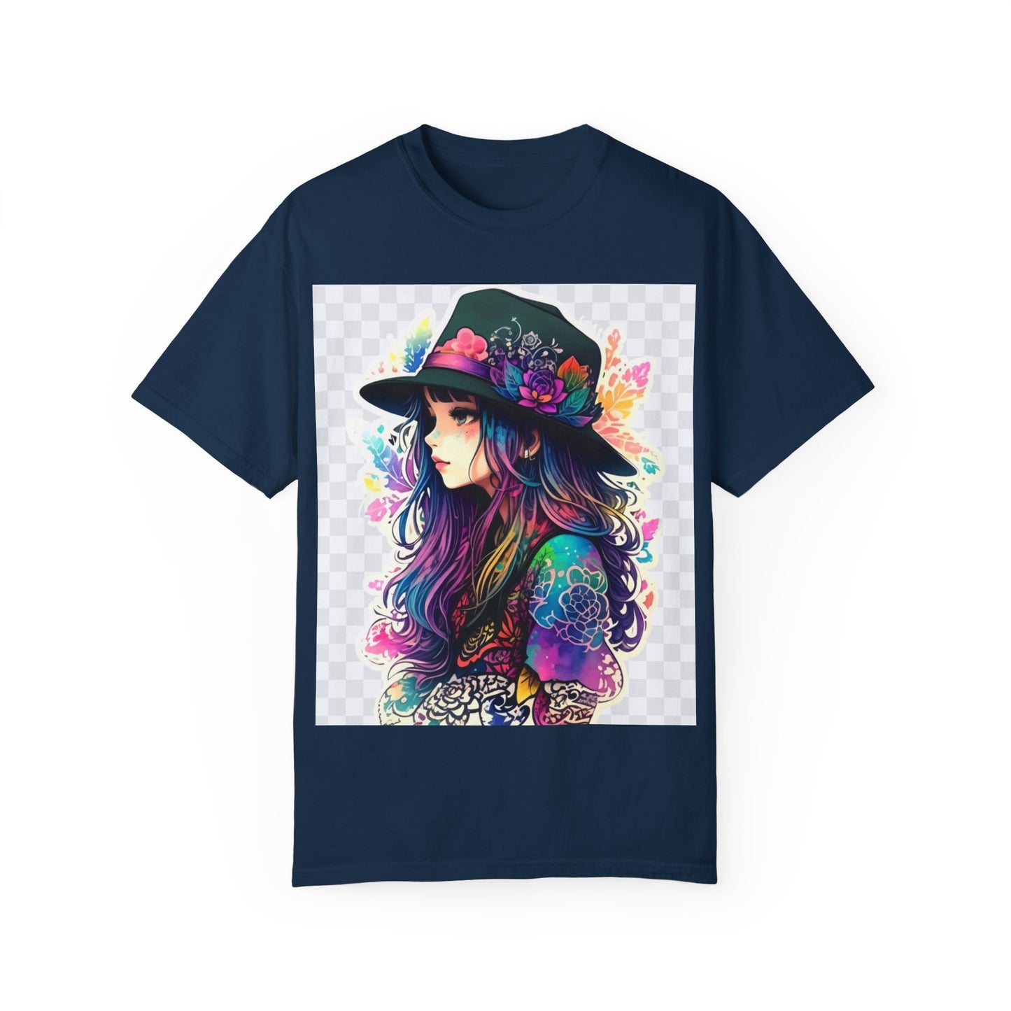 Vibrant Bohemian T-Shirt with Colorful Tattooed Girl Design