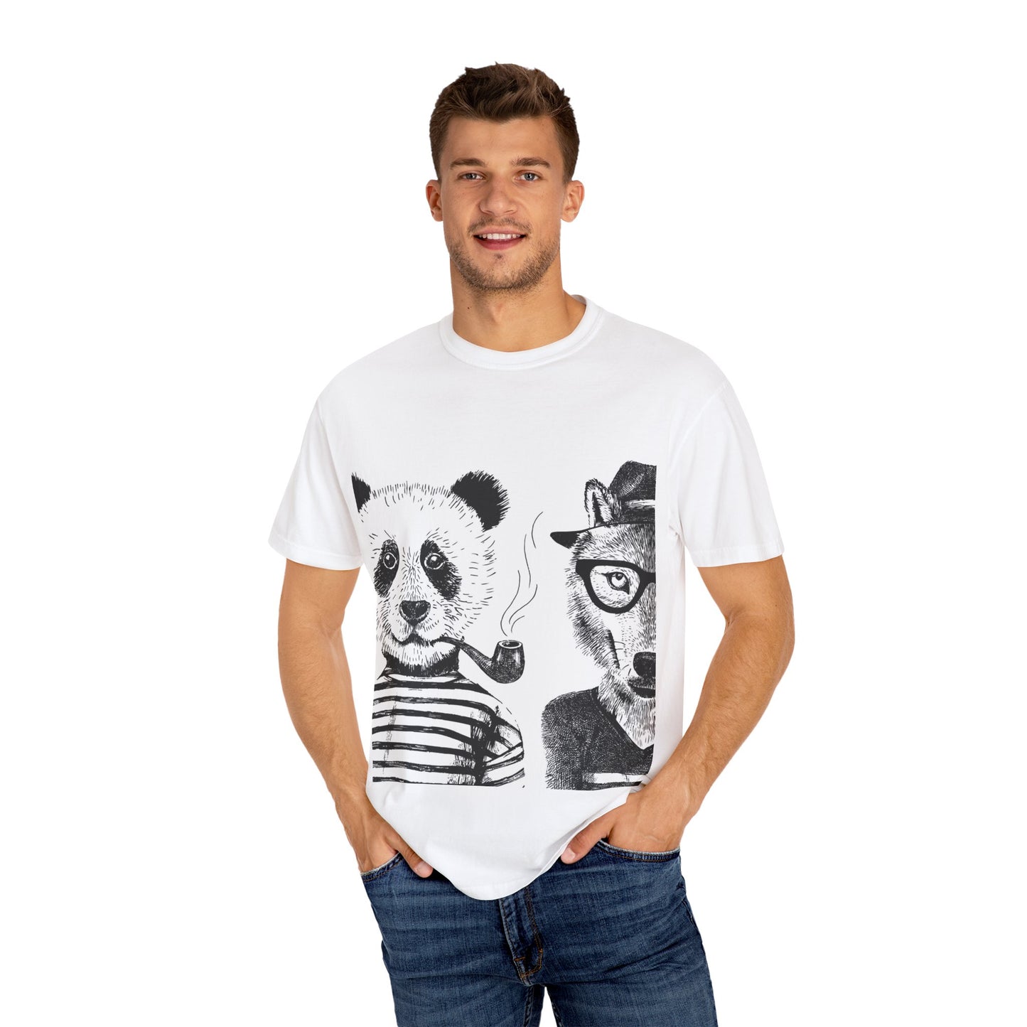 Whimsical Animal Friends T-Shirt - Stylish Panda & Wolf Design