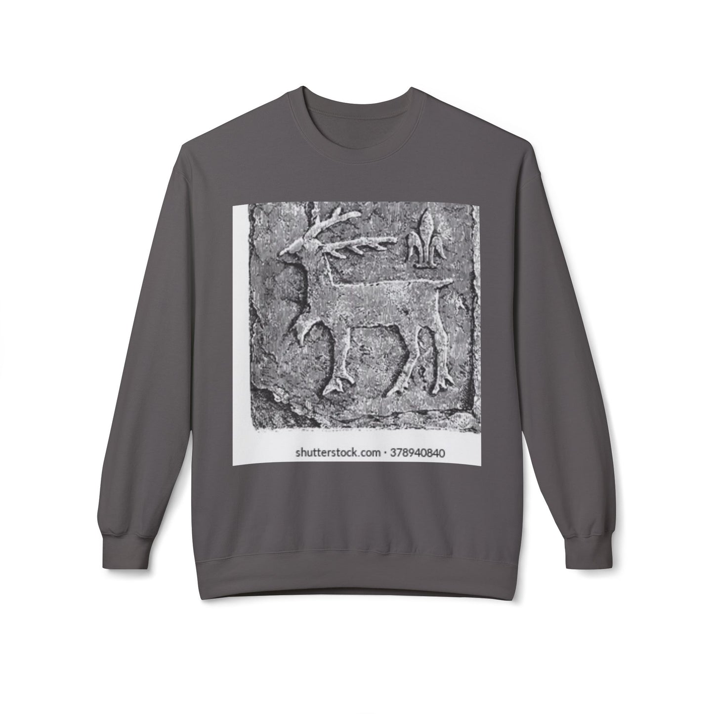 Vintage-Inspired Fleece Crewneck Sweatshirt with Ancient Deer Design