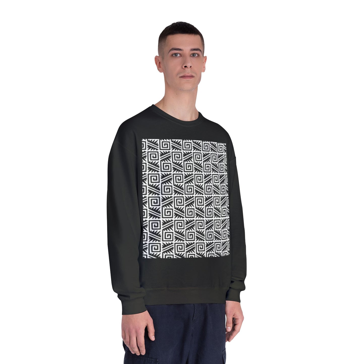 Geometric Pattern Unisex Crewneck Sweatshirt - Cozy Black & White Style