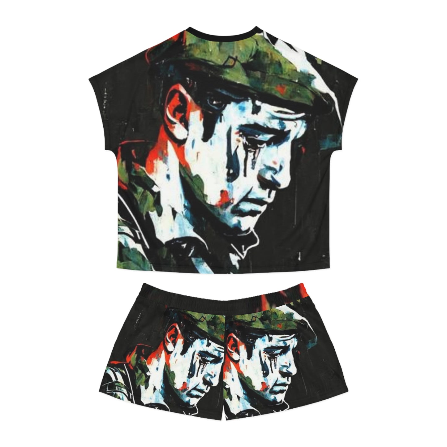 Artistic Women's Short Pajama Set - Emotional Portrait Design