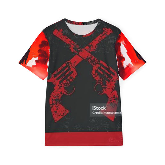 Men's Graphic Sports Jersey - Bold Red Design with Crossed Guns & Silhouette
