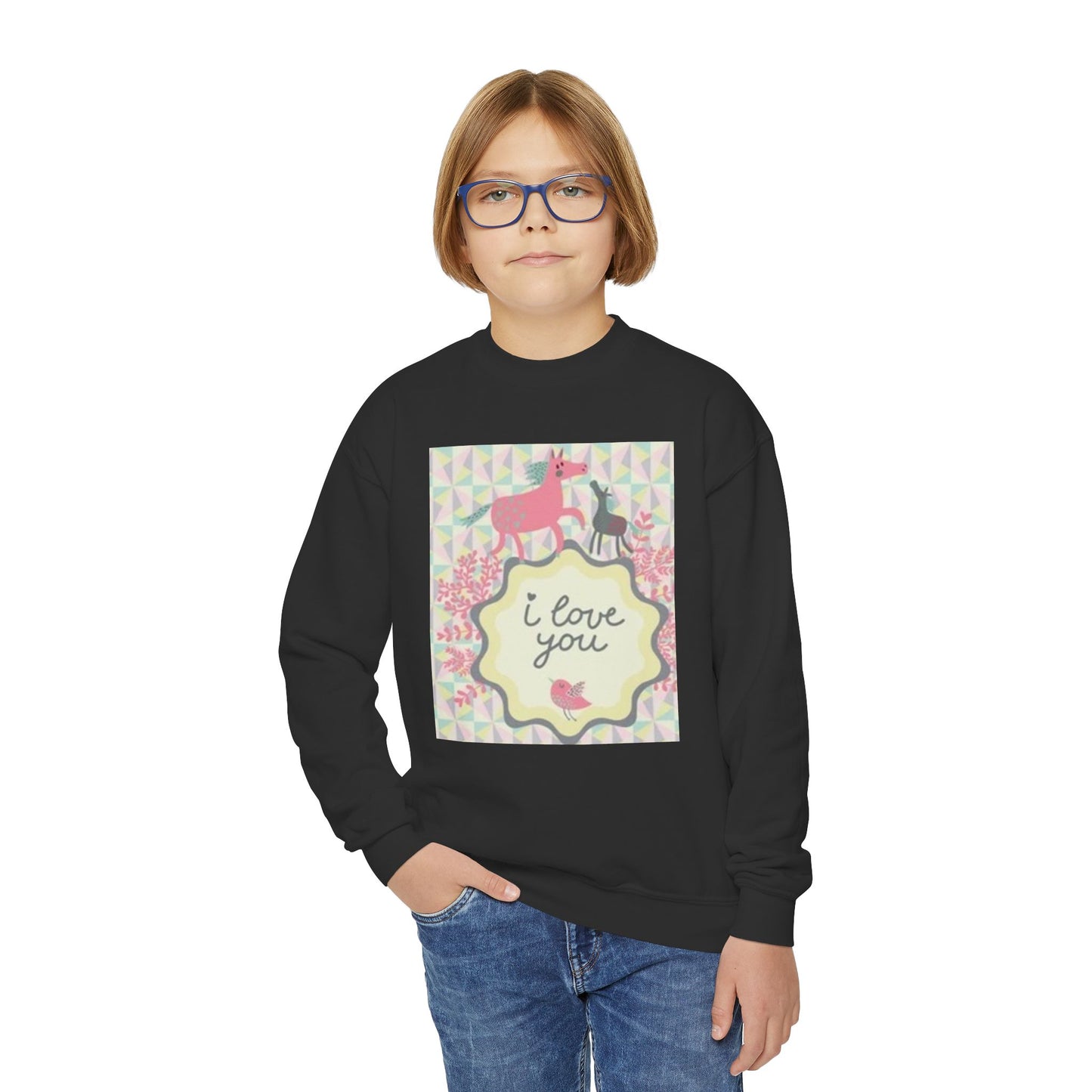 Youth Crewneck Sweatshirt with "I Love You" Unicorn Design