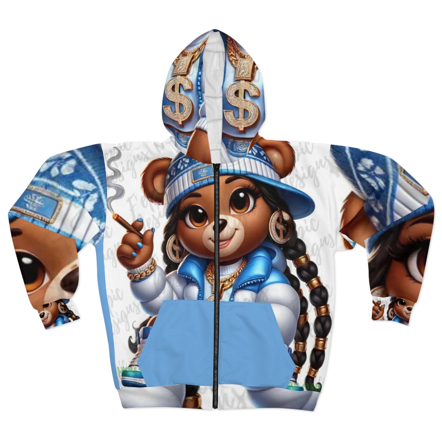 Hip-Hop Style Unisex Zip Hoodie with Trendy Bear Illustration