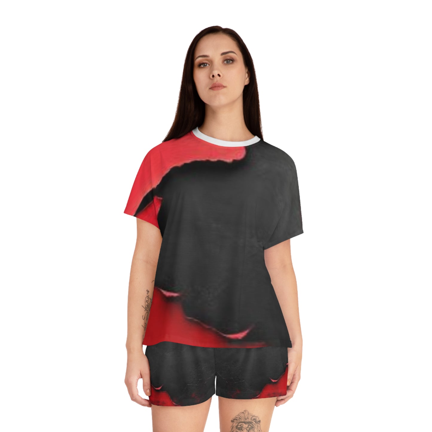 Women's Short Pajama Set - Edgy Black & Red Design for Cozy Nights