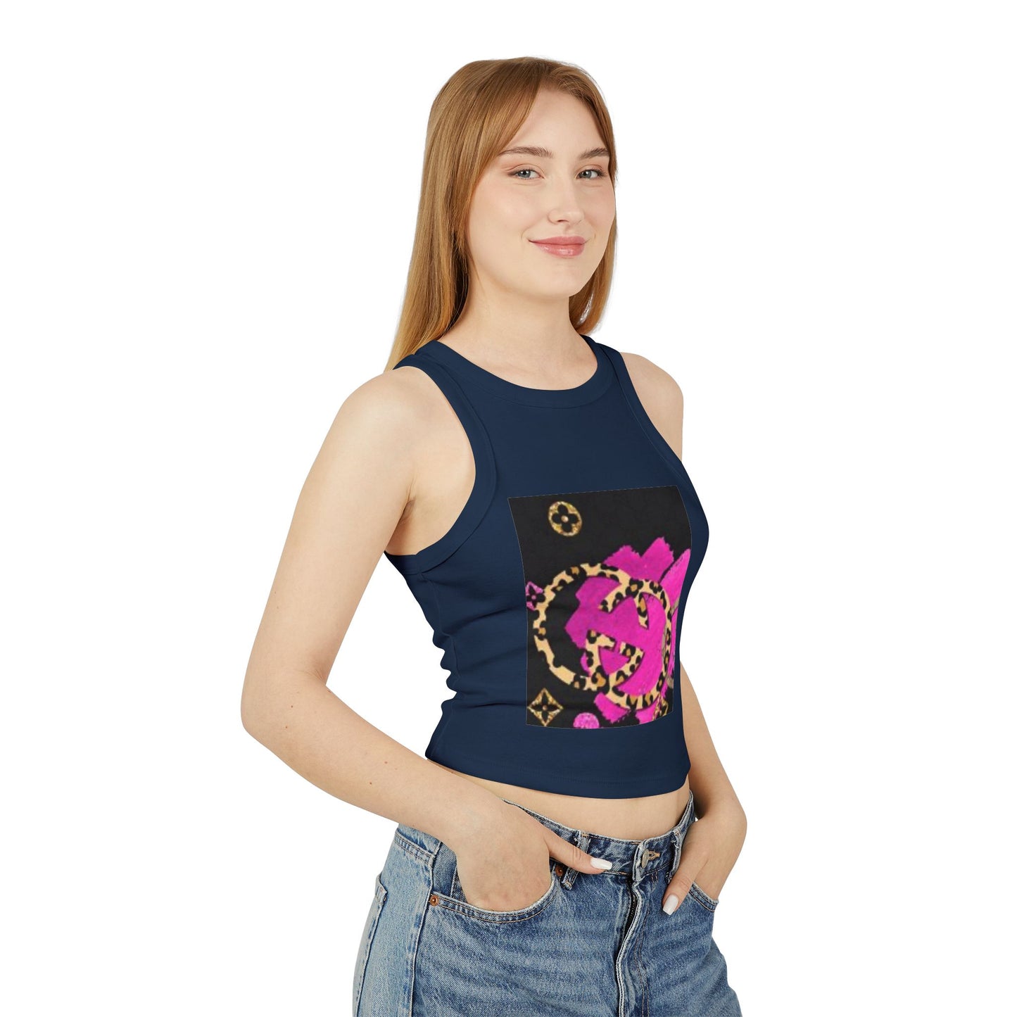 Chic Women's Micro Rib Racer Tank Top with Bold Graphic Print