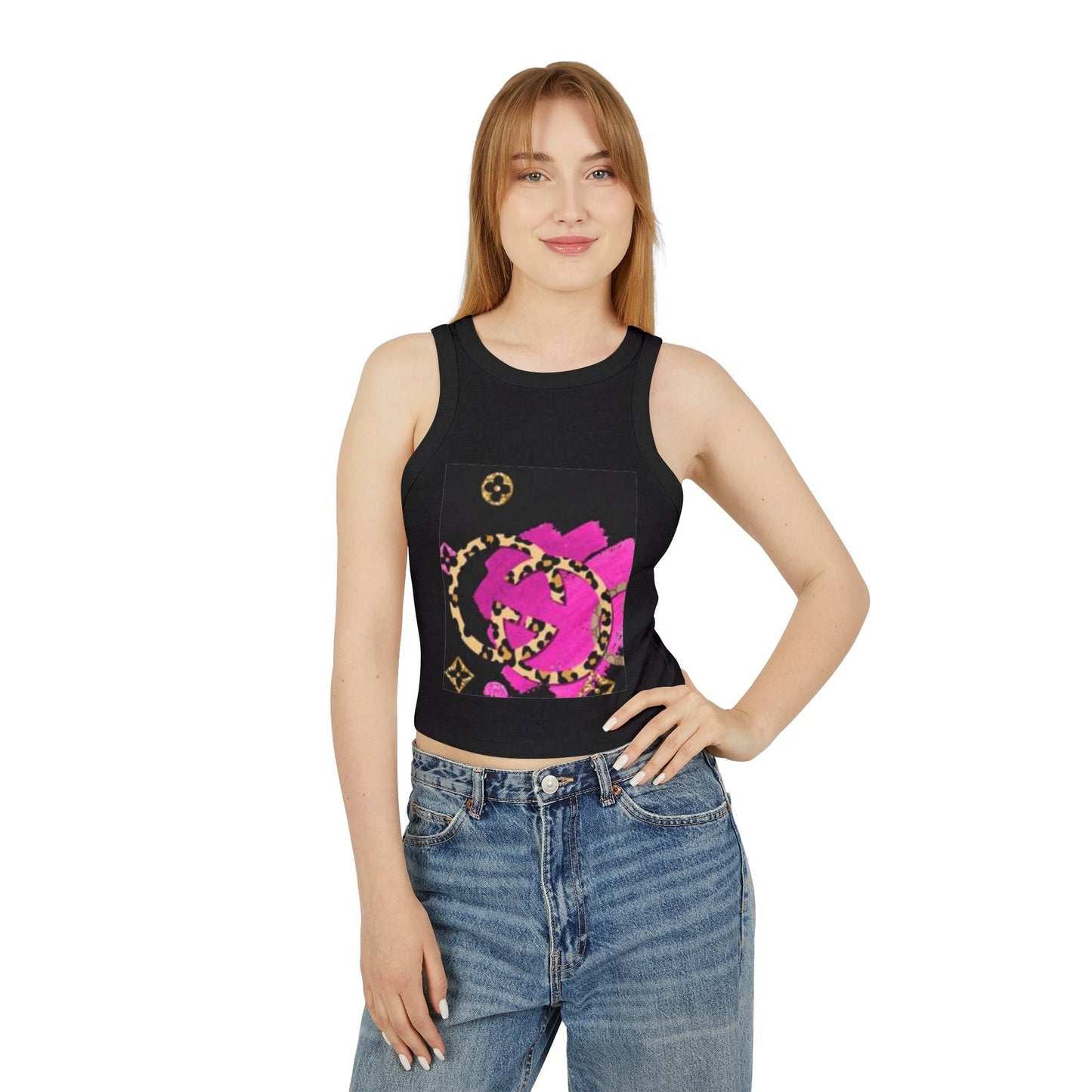 Chic Women's Micro Rib Racer Tank Top with Bold Graphic Print