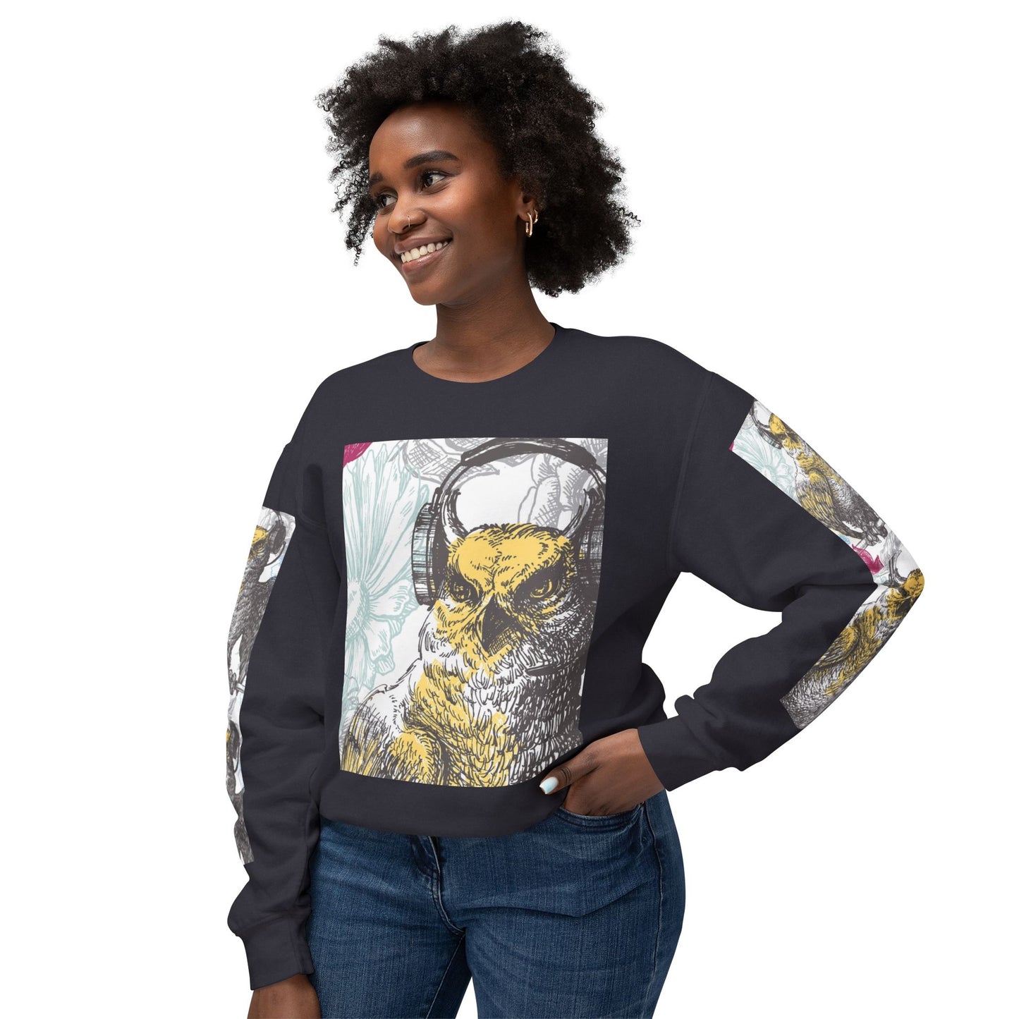 Music Lover's Owl Graphic Crewneck Sweatshirt - Unisex Lightweight Design