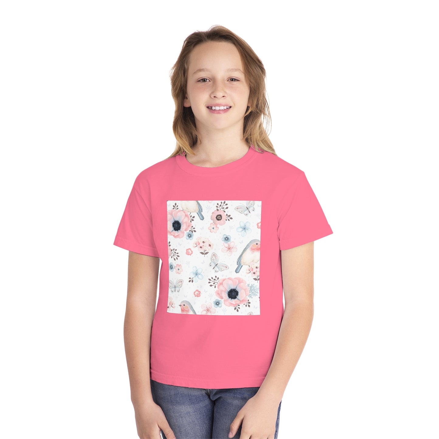 Floral Bird Youth Tee - Soft Midweight T-Shirt for Nature Lovers