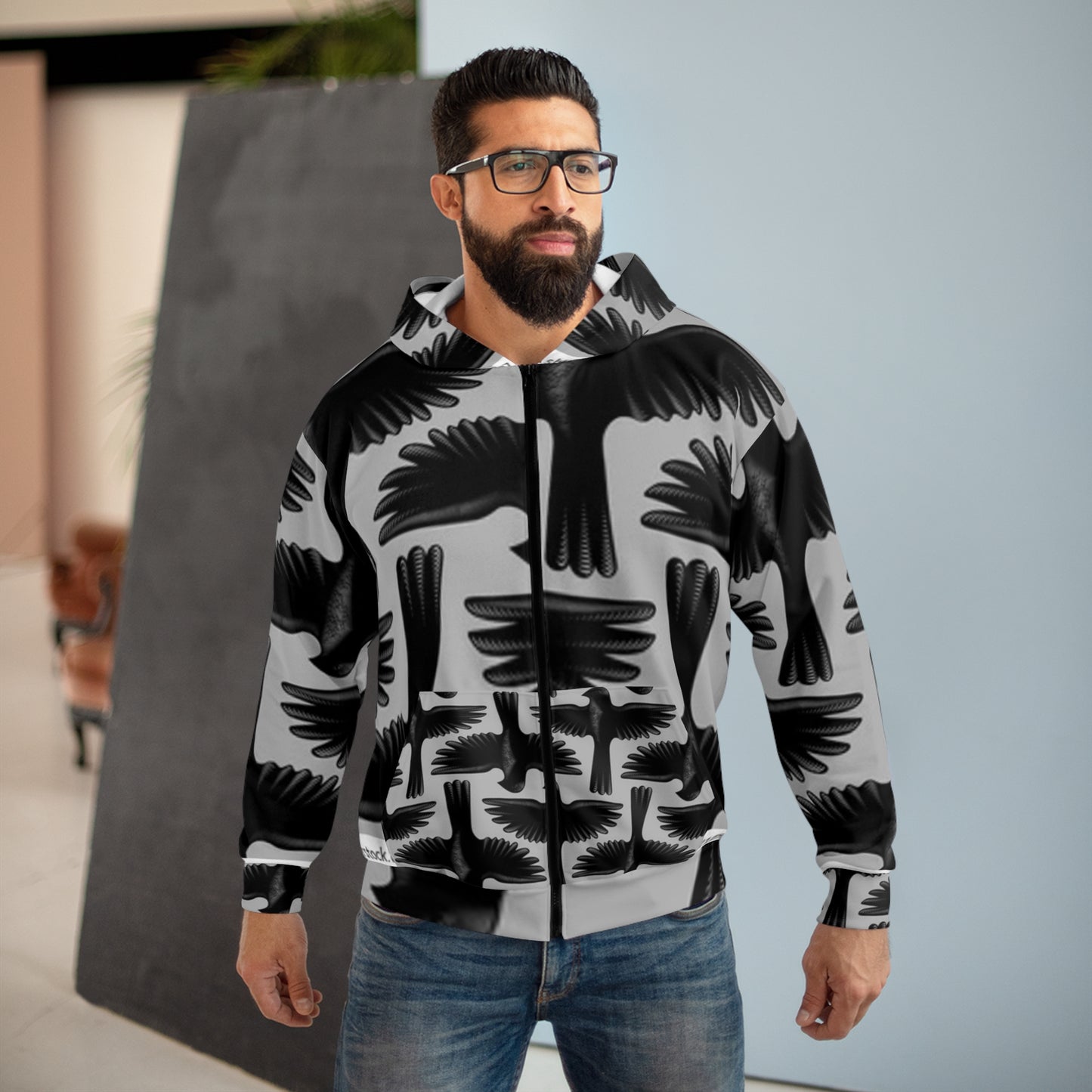 Stylish Black & Grey Bird Graphic Unisex Zip Hoodie