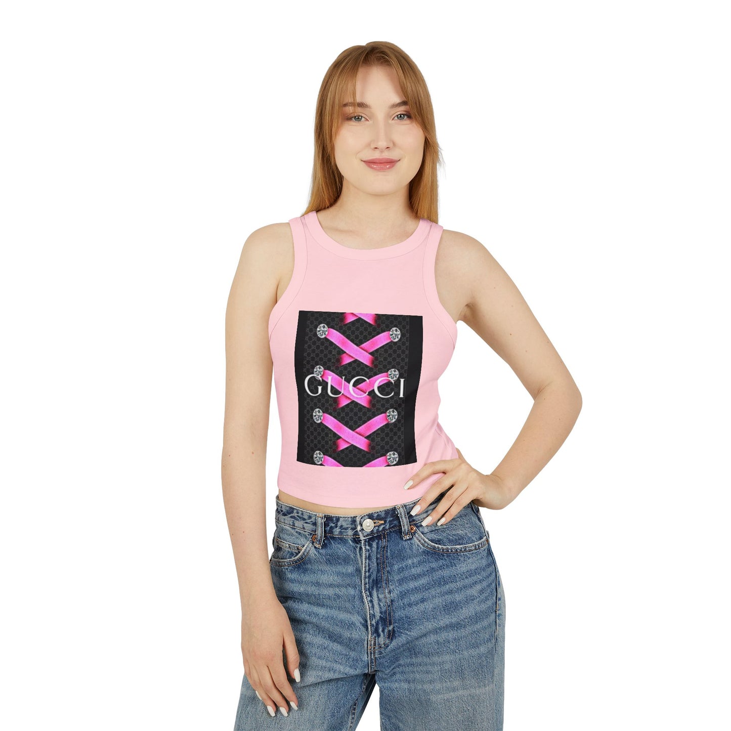Stylish Women's Micro Rib Racer Tank Top with Pink Laces Design