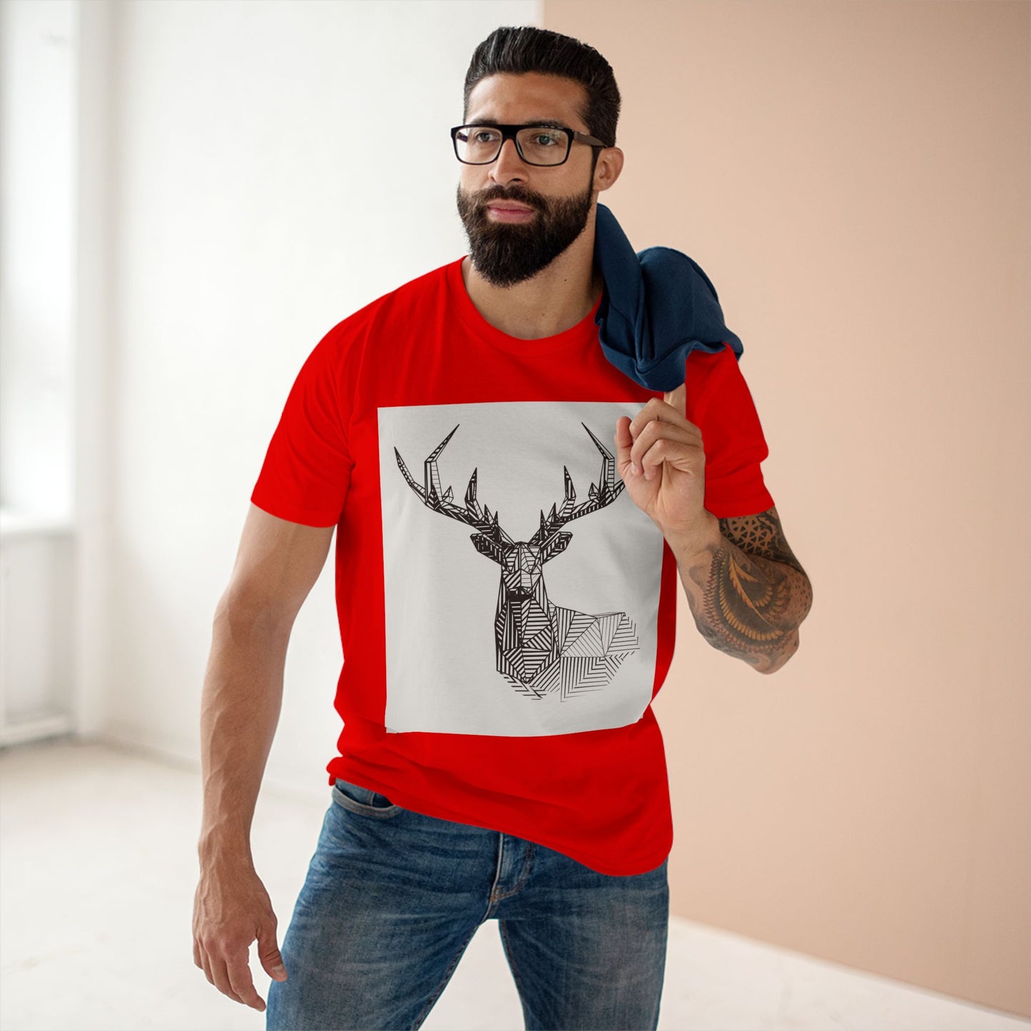 Geometric Deer & Spider Web Adult Staple Tee - Nature-Inspired Graphic T-Shirt for Outdoor Enthusiasts