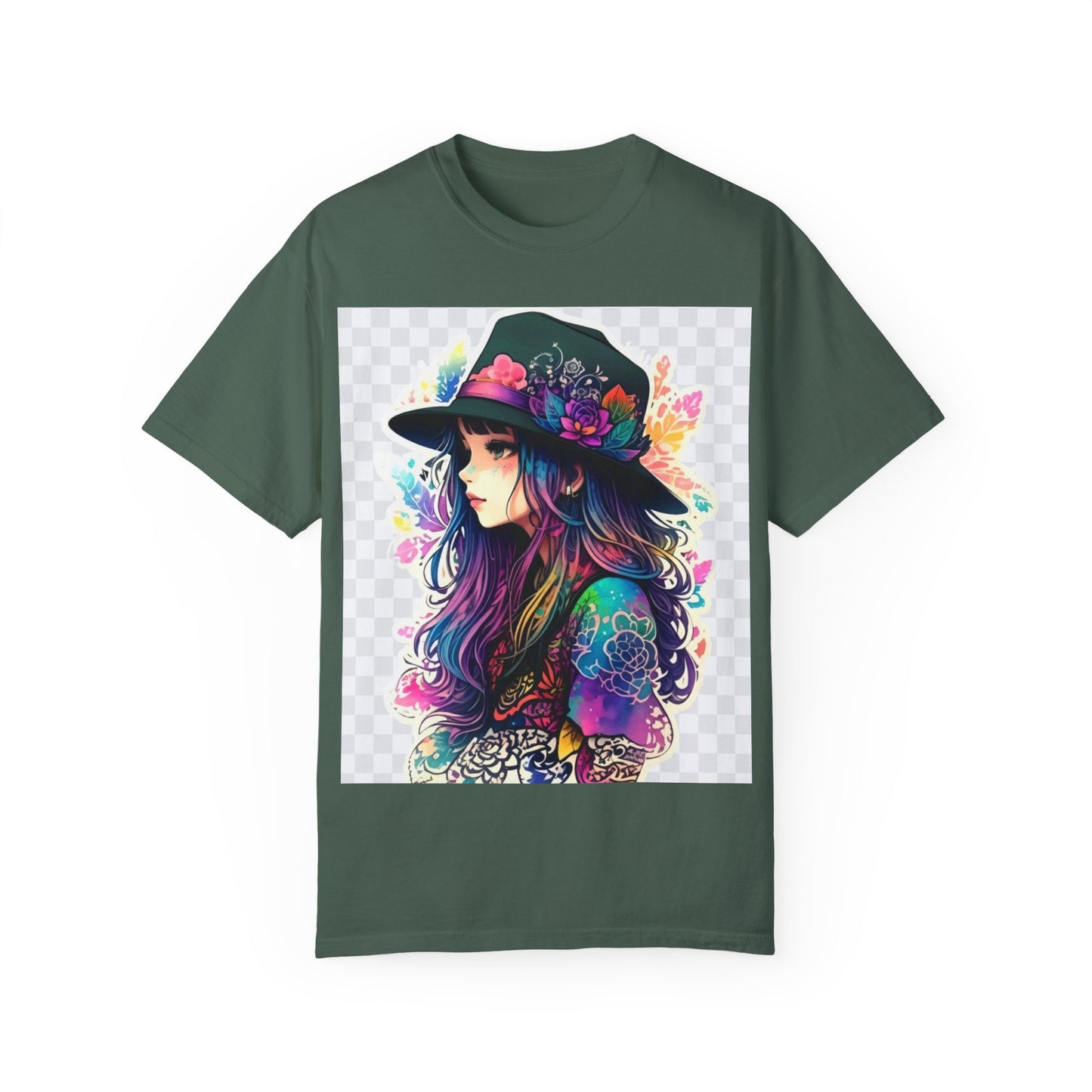Vibrant Bohemian T-Shirt with Colorful Tattooed Girl Design