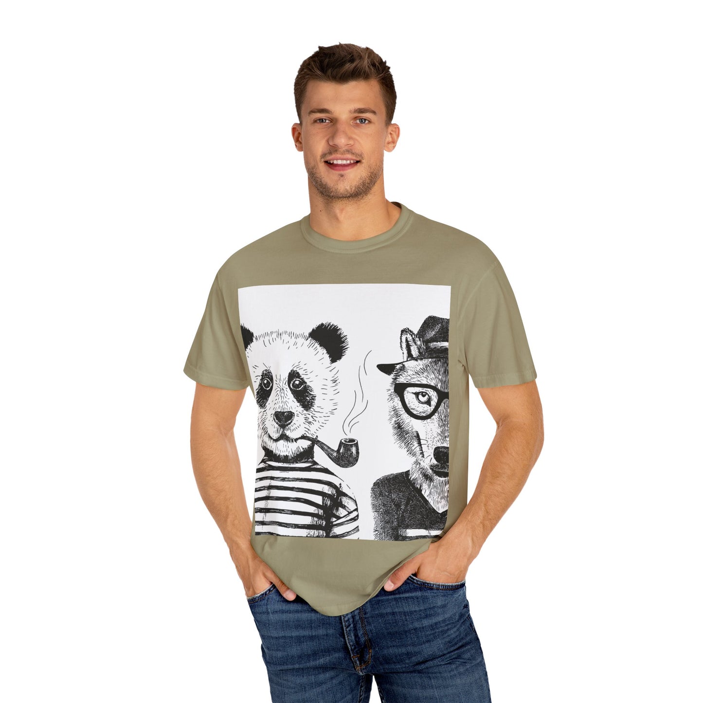 Whimsical Animal Friends T-Shirt - Stylish Panda & Wolf Design