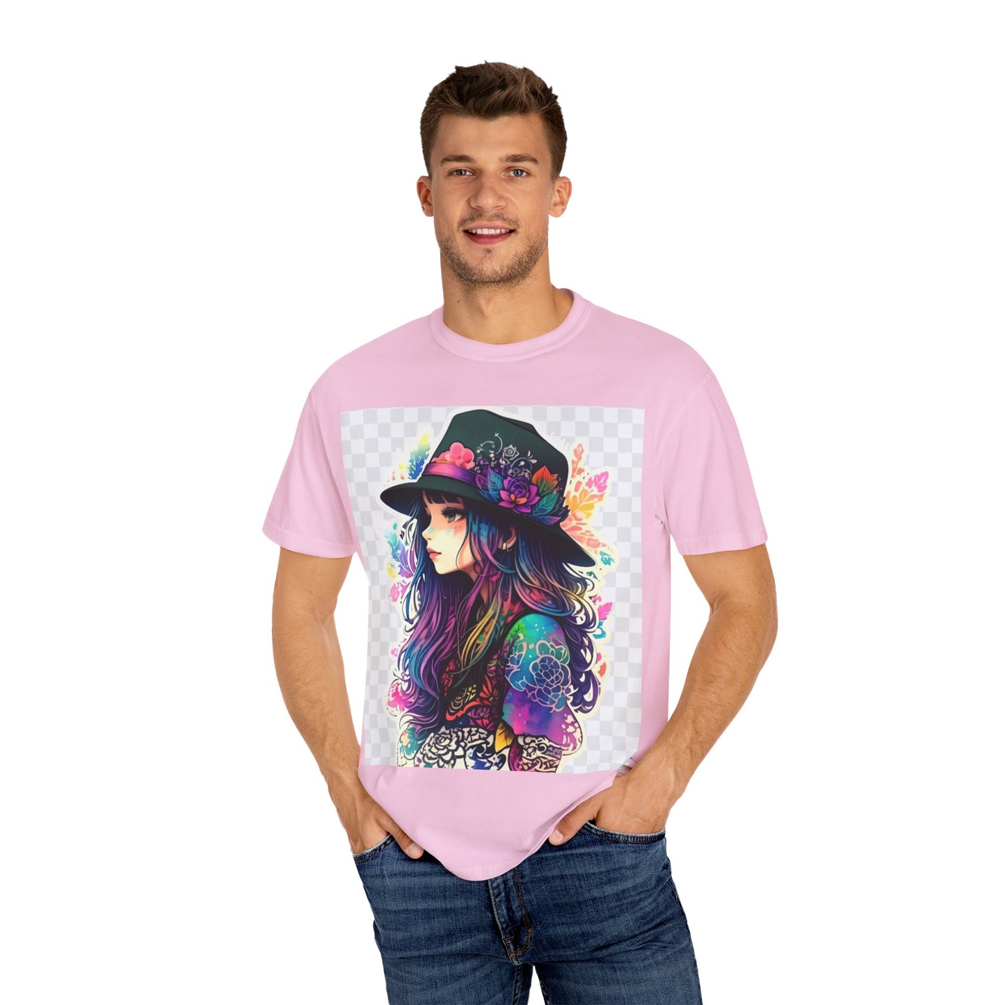 Vibrant Bohemian T-Shirt with Colorful Tattooed Girl Design