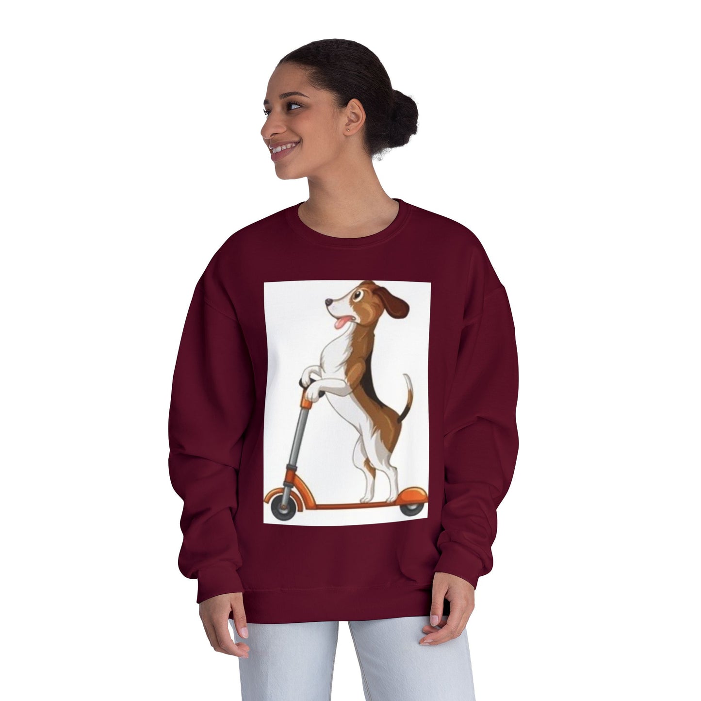 Dog Lover Crewneck Sweatshirt - Fun Beagle on Scooter Design