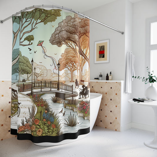 Nature Pathway Shower Curtain - Scenic Park View with Kites and Trees
