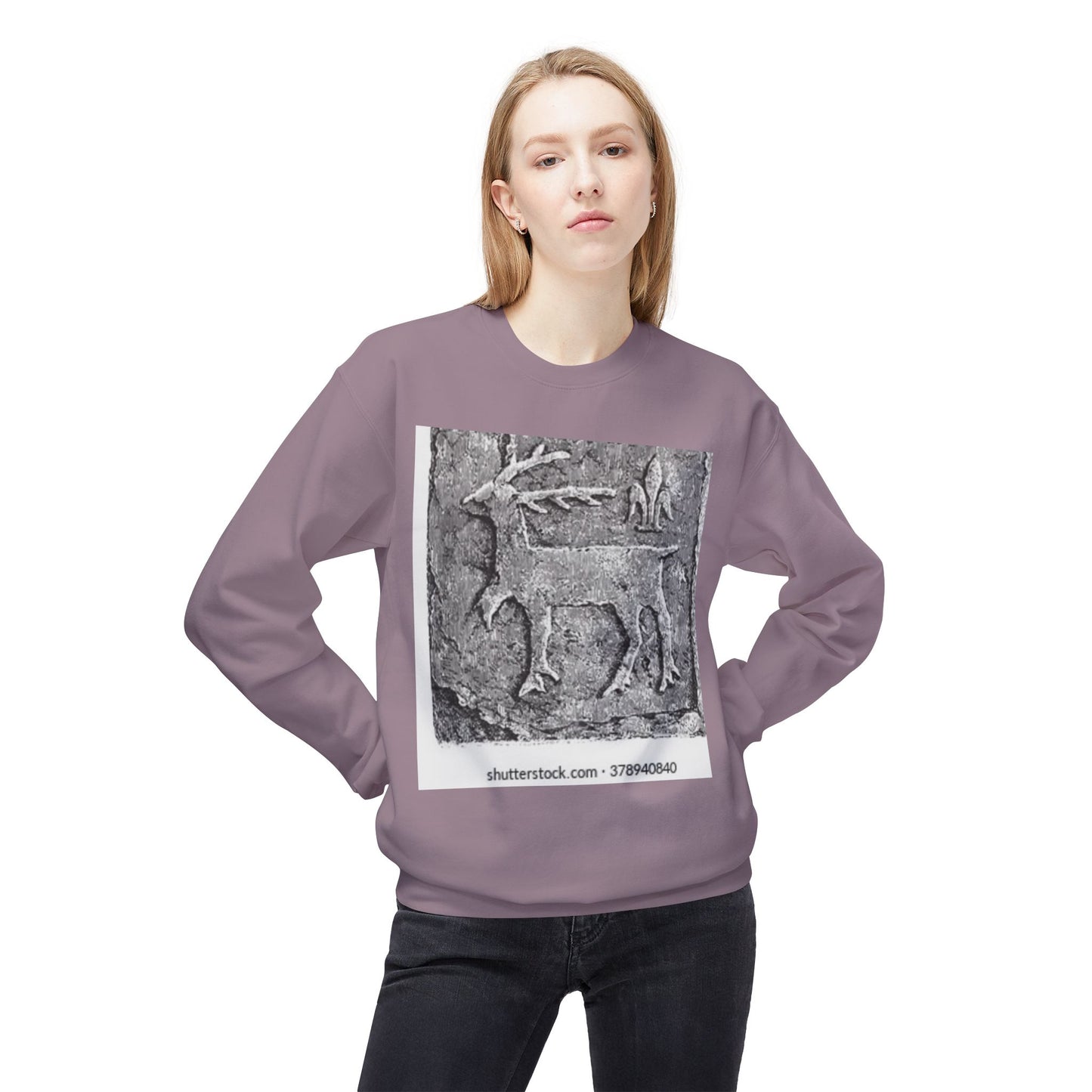 Vintage-Inspired Fleece Crewneck Sweatshirt with Ancient Deer Design