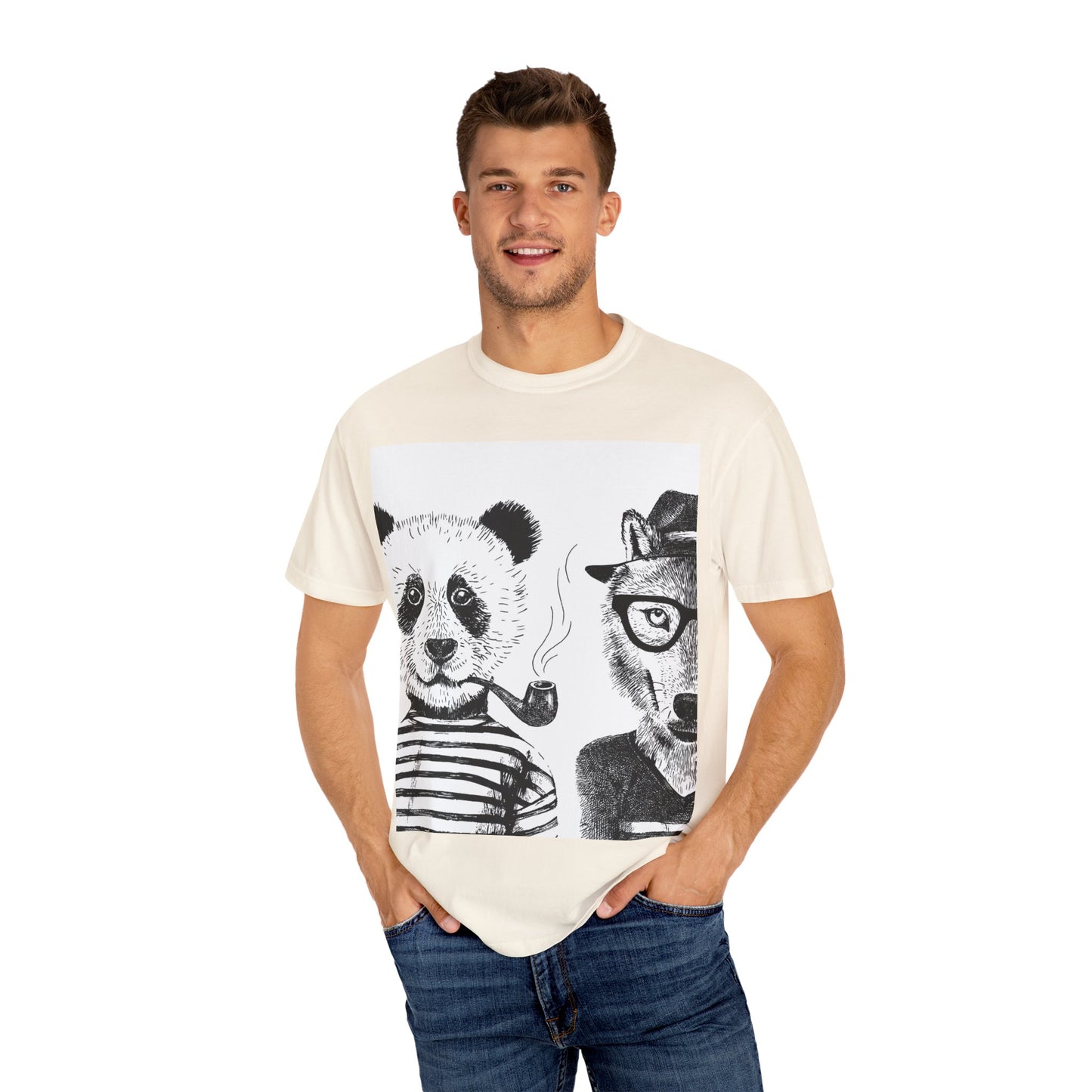 Whimsical Animal Friends T-Shirt - Stylish Panda & Wolf Design