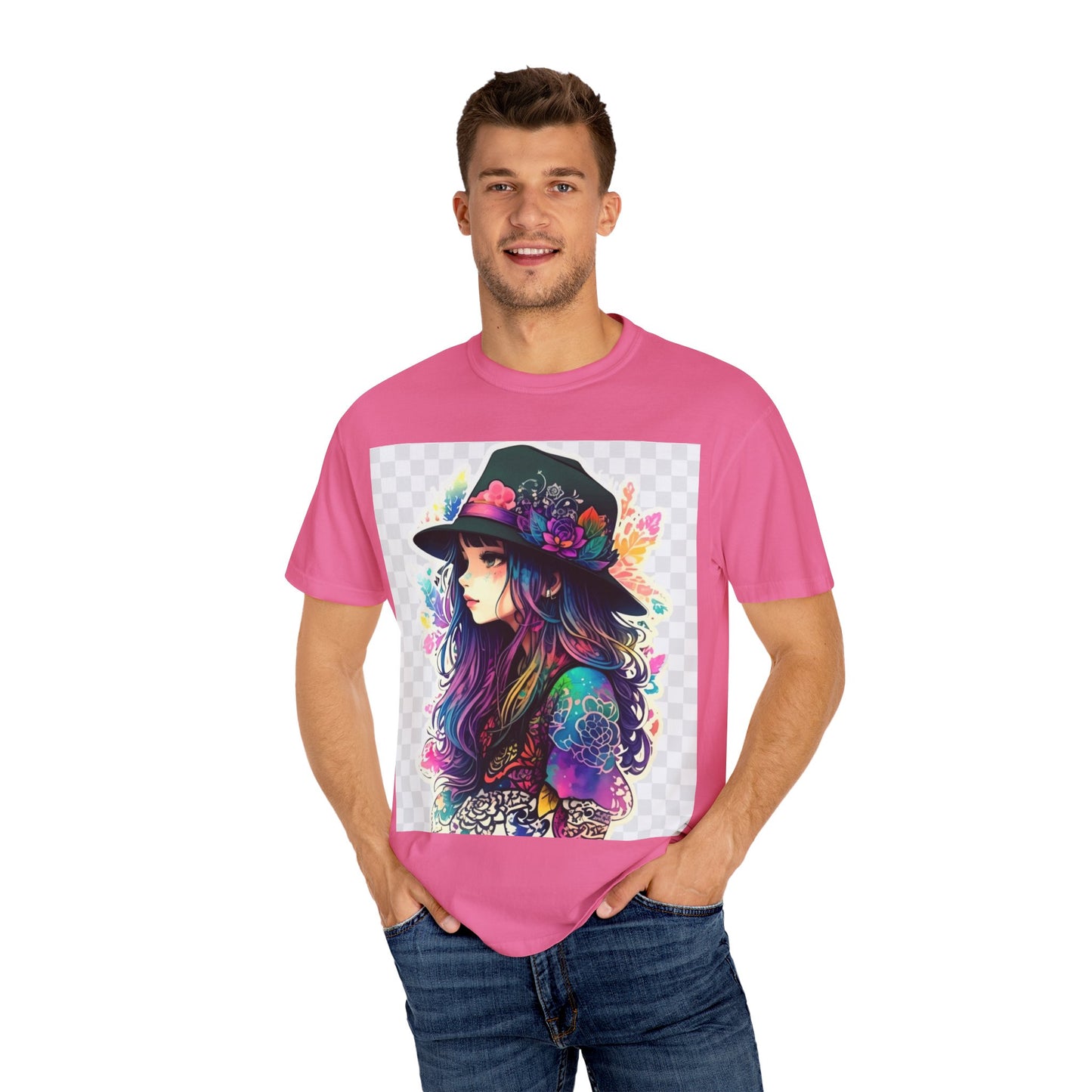 Vibrant Bohemian T-Shirt with Colorful Tattooed Girl Design