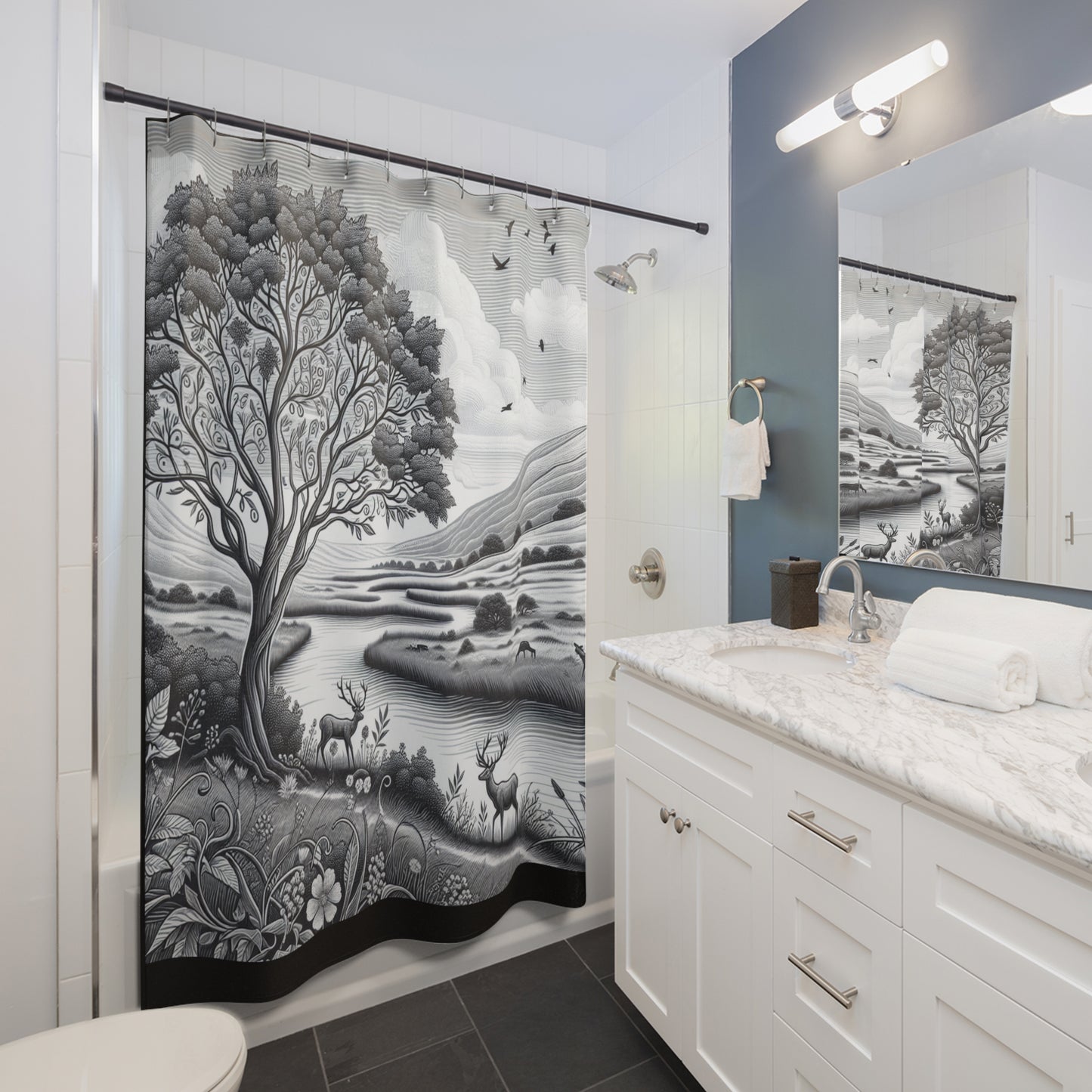 Nature-Inspired Shower Curtain with Scenic Landscape Design