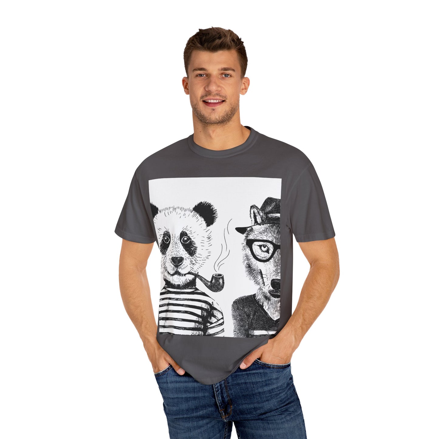 Whimsical Animal Friends T-Shirt - Stylish Panda & Wolf Design