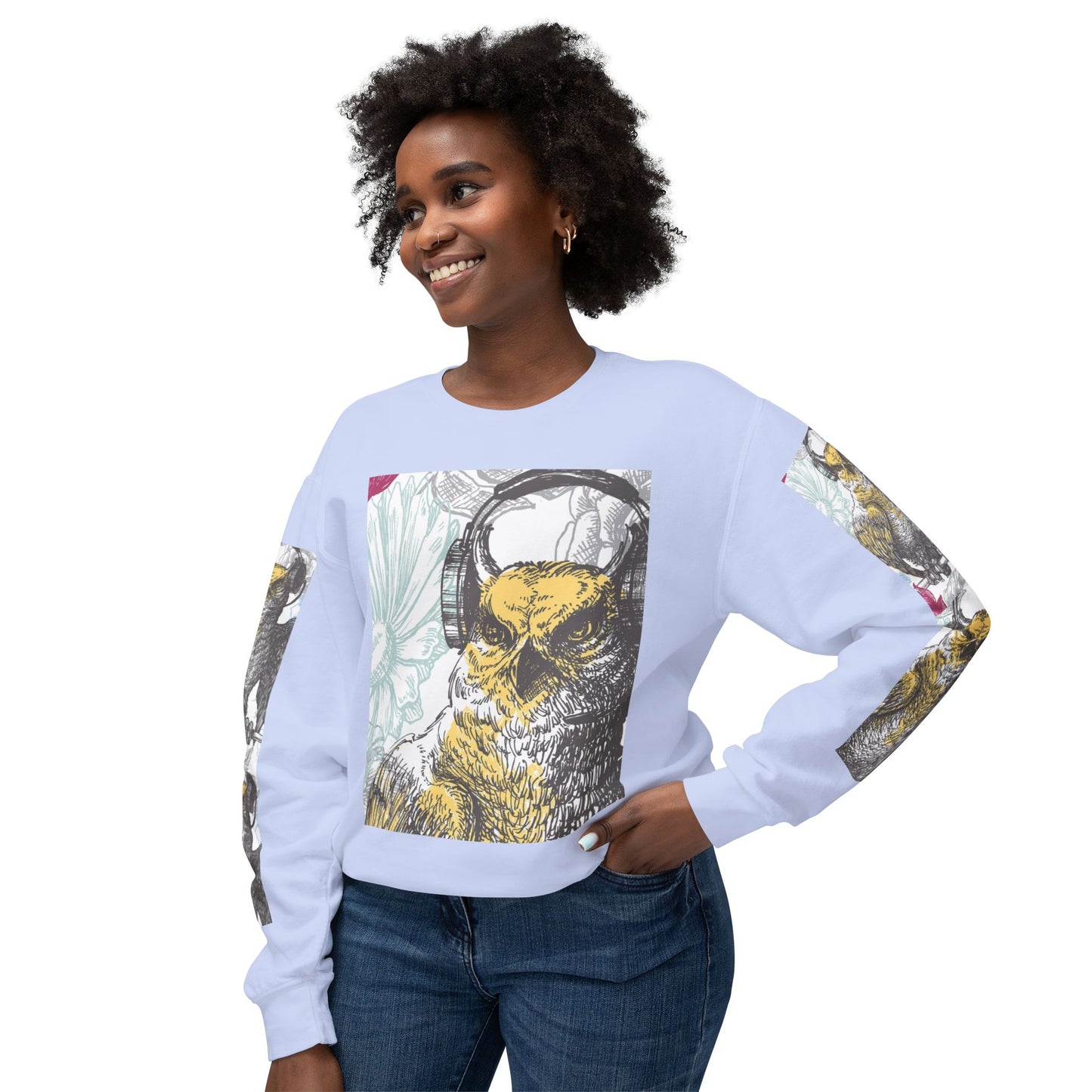 Music Lover's Owl Graphic Crewneck Sweatshirt - Unisex Lightweight Design