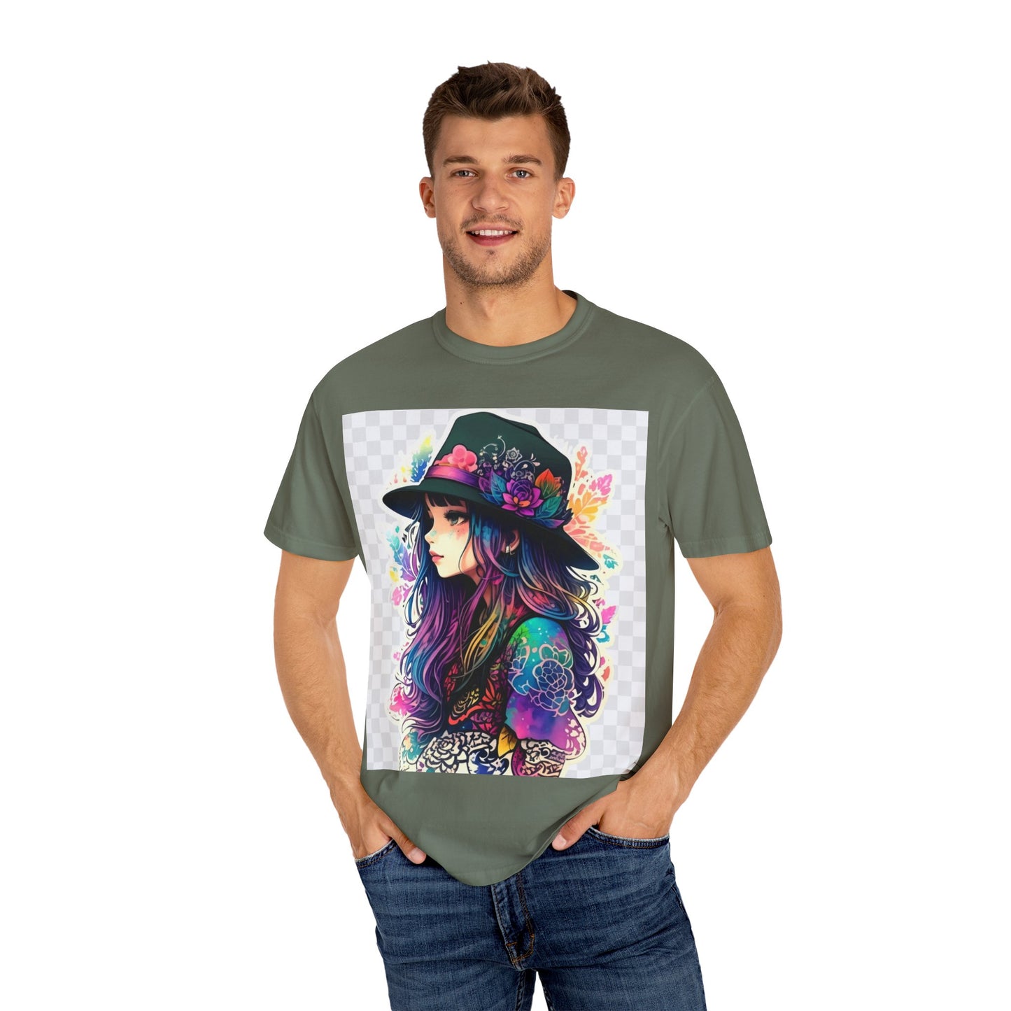 Vibrant Bohemian T-Shirt with Colorful Tattooed Girl Design