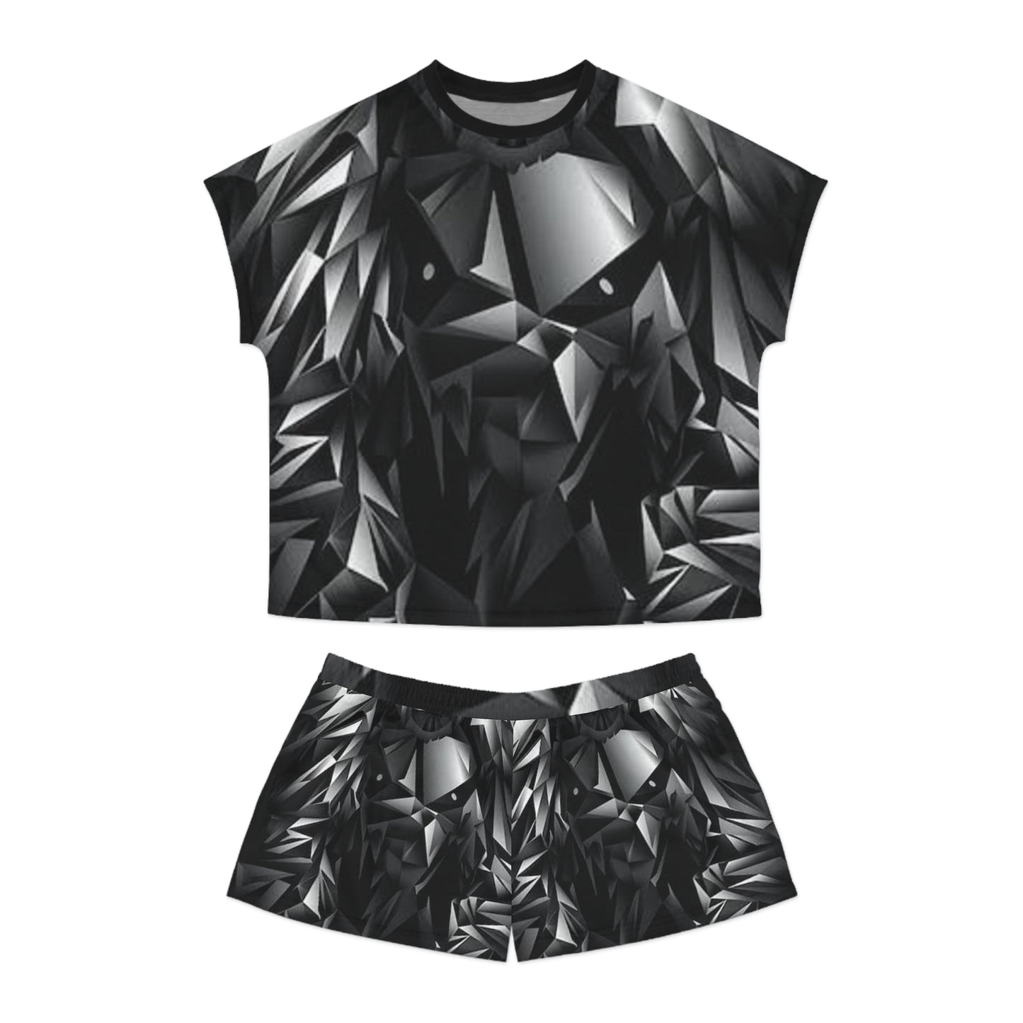 Stylish Black Geometric Women's Pajama Set | Short Sleeves & Shorts | Cozy Sleepwear