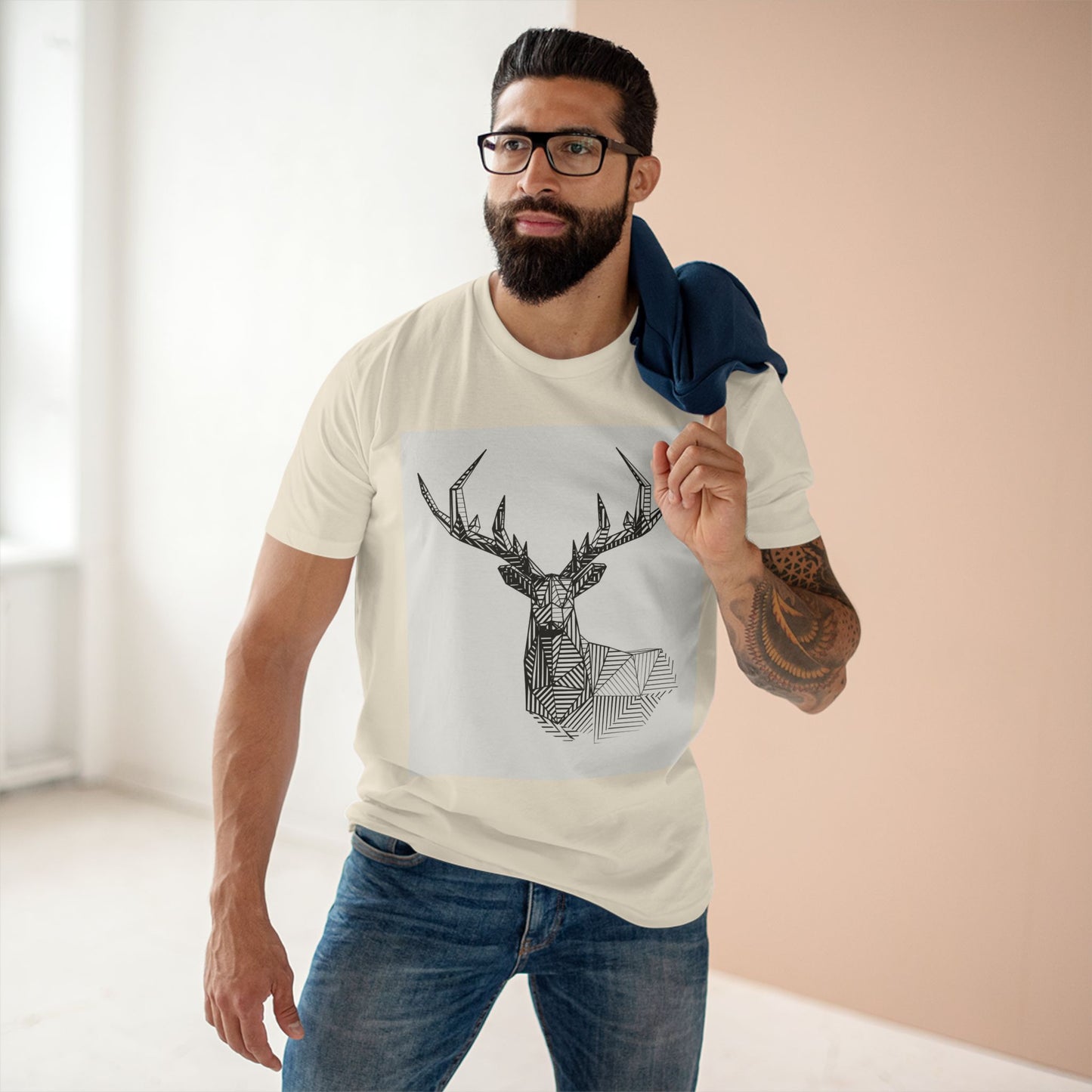 Geometric Deer & Spider Web Adult Staple Tee - Nature-Inspired Graphic T-Shirt for Outdoor Enthusiasts