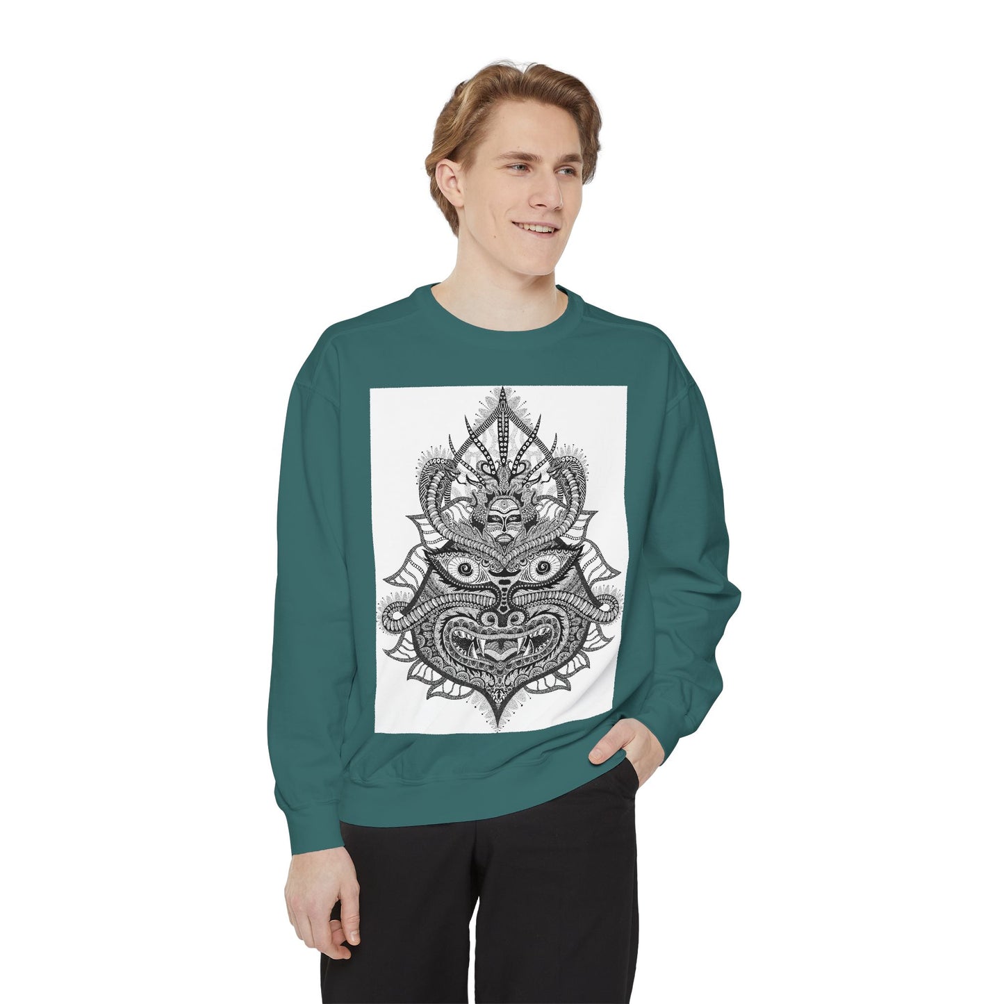 Unique Unisex Garment-Dyed Sweatshirt with Intricate Graphic Design
