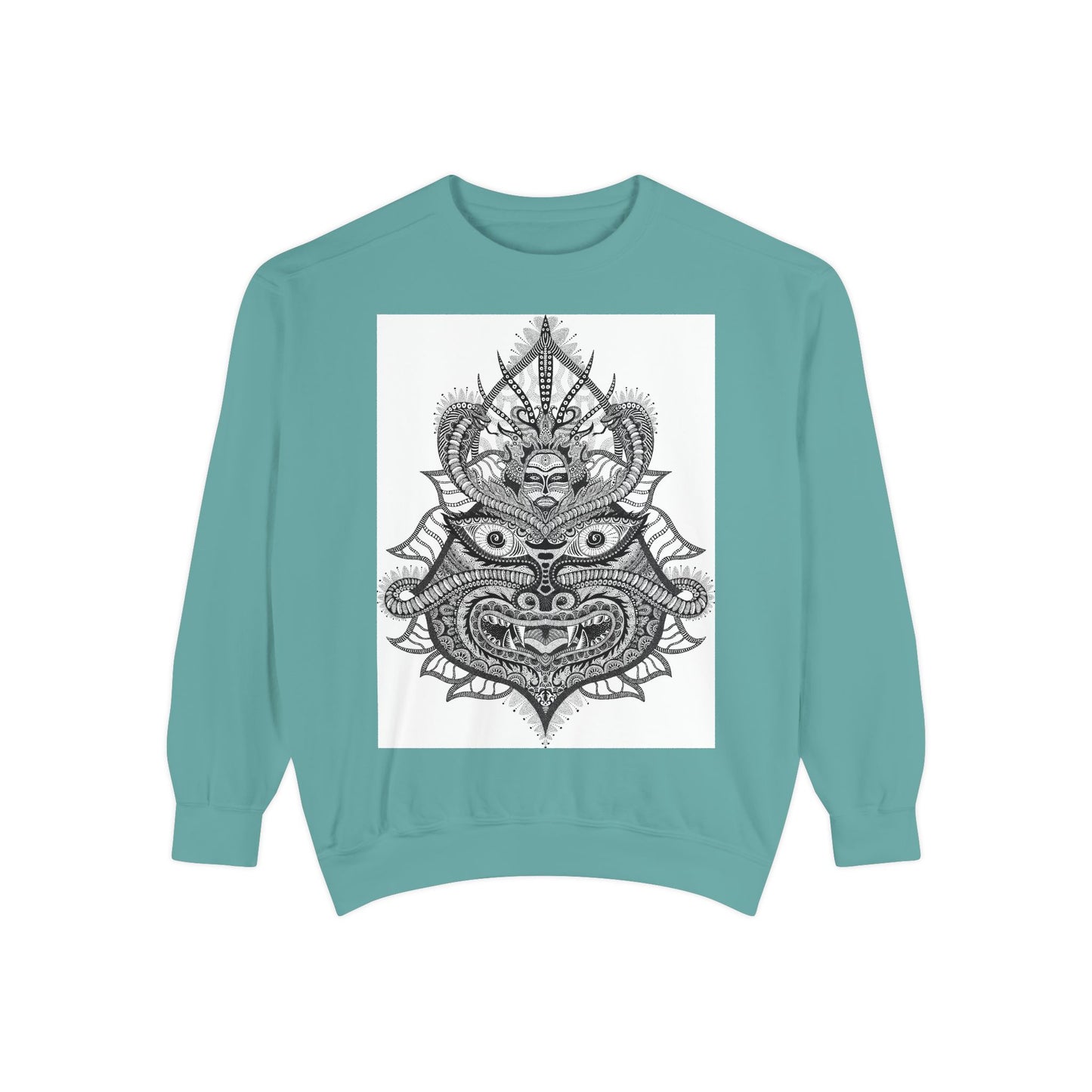 Unique Unisex Garment-Dyed Sweatshirt with Intricate Graphic Design
