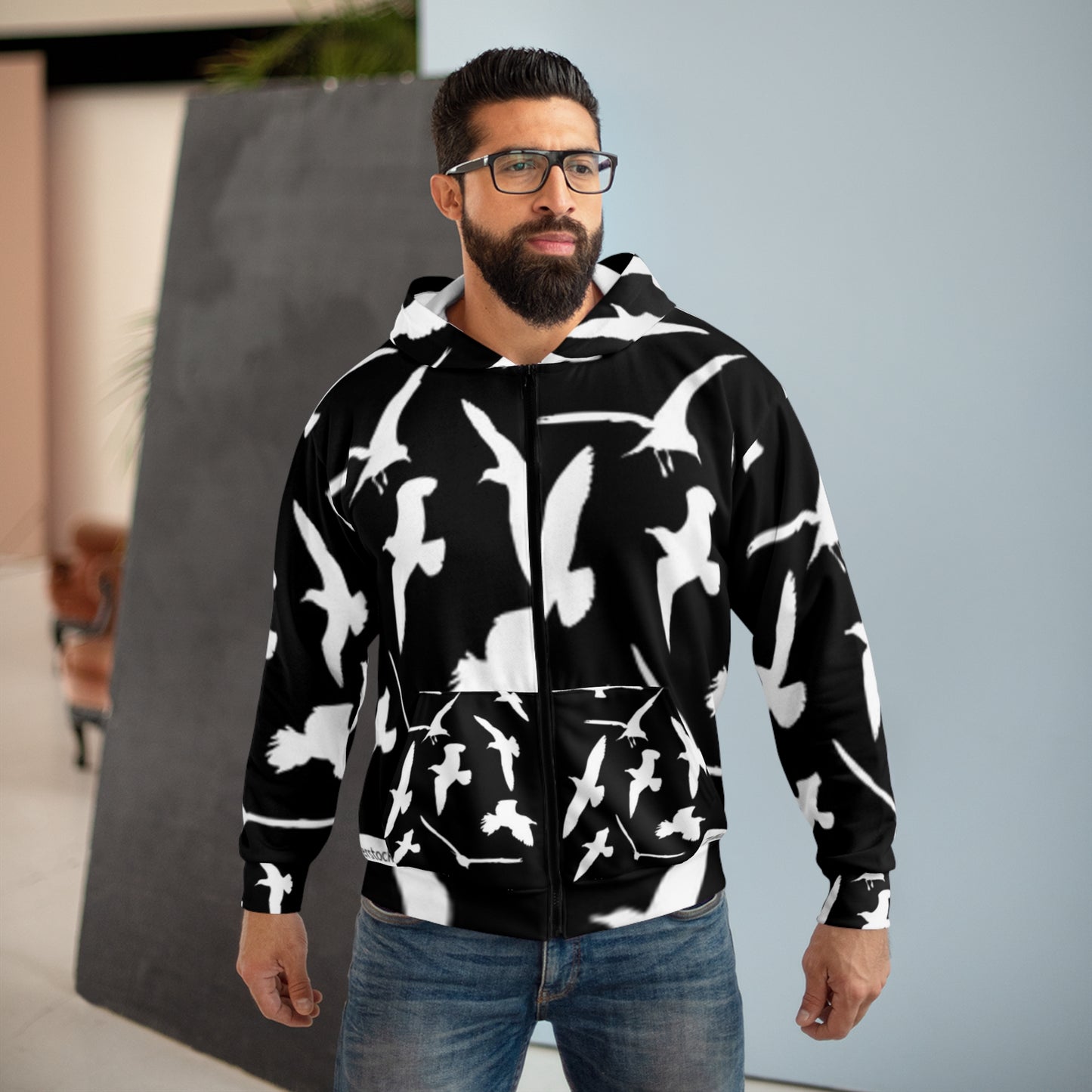 Stylish Unisex Zip Hoodie with Bird Pattern - Perfect for Nature Lovers