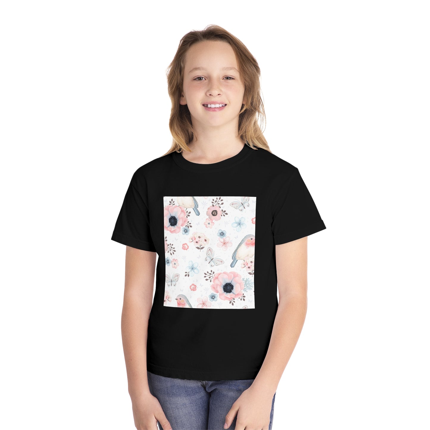 Floral Bird Youth Tee - Soft Midweight T-Shirt for Nature Lovers