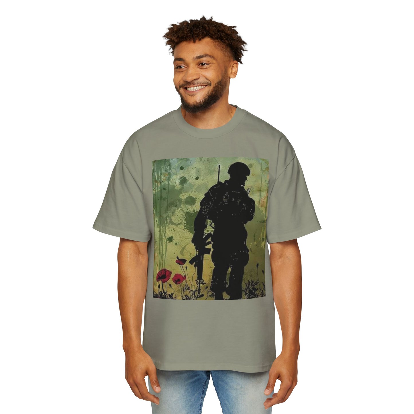 Soldier Silhouette Oversized Tee - Men's Heavy T-Shirt for Veterans and Military Enthusiasts