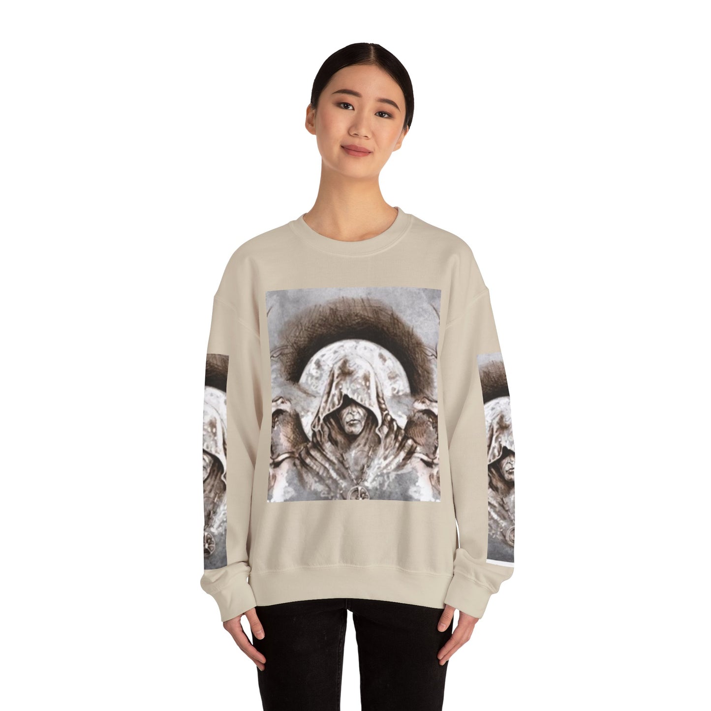 Mystical Hooded Figure Unisex Crewneck Sweatshirt - Fantasy Apparel for Dreamers