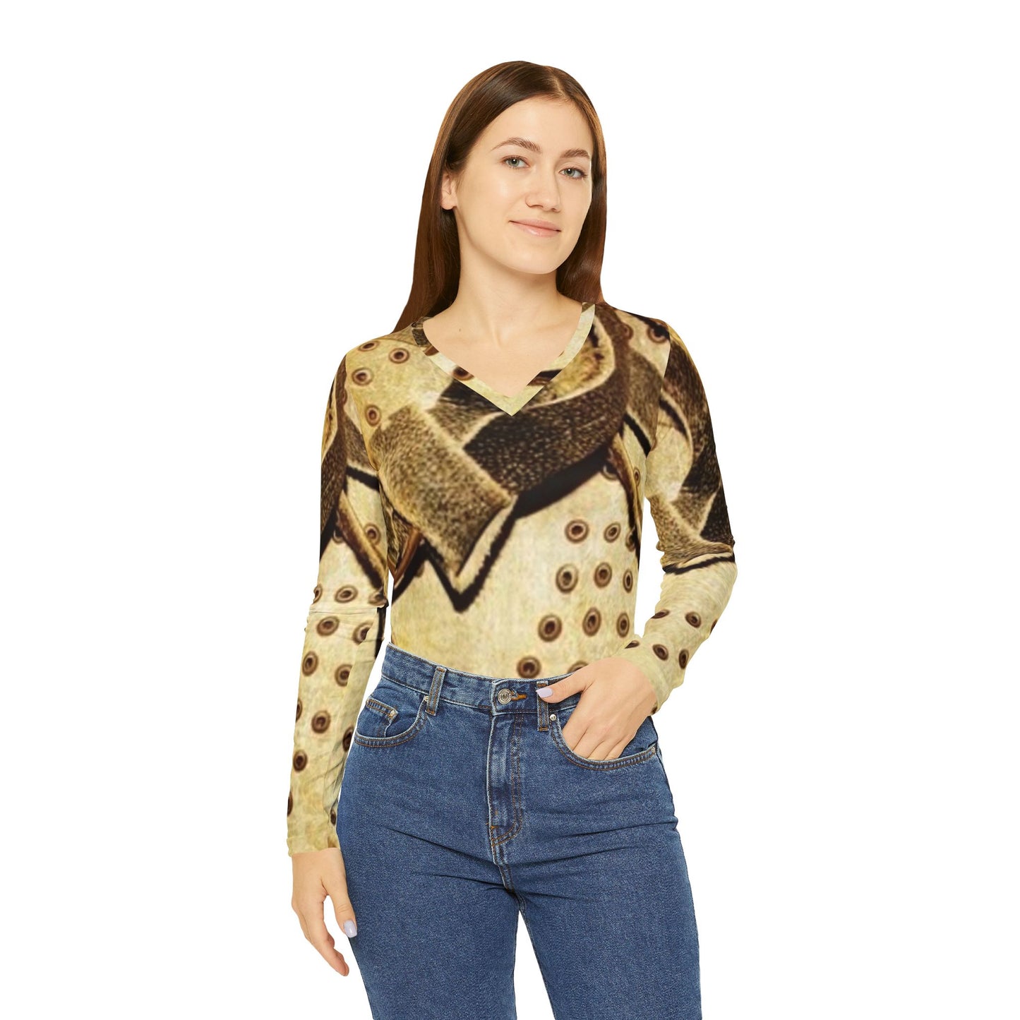 Artistic Women's Long Sleeve V-Neck Shirt with Vintage Design