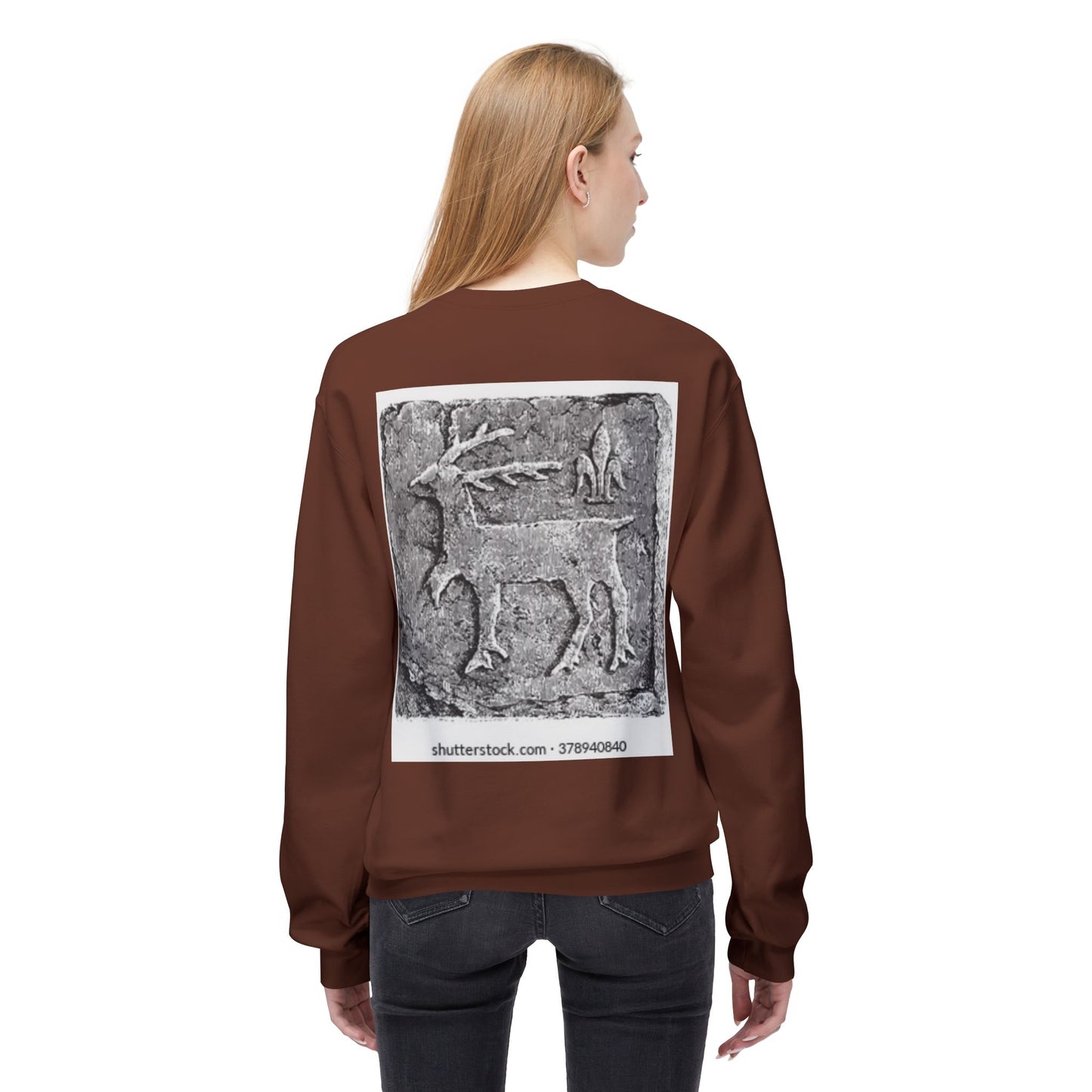 Vintage-Inspired Fleece Crewneck Sweatshirt with Ancient Deer Design