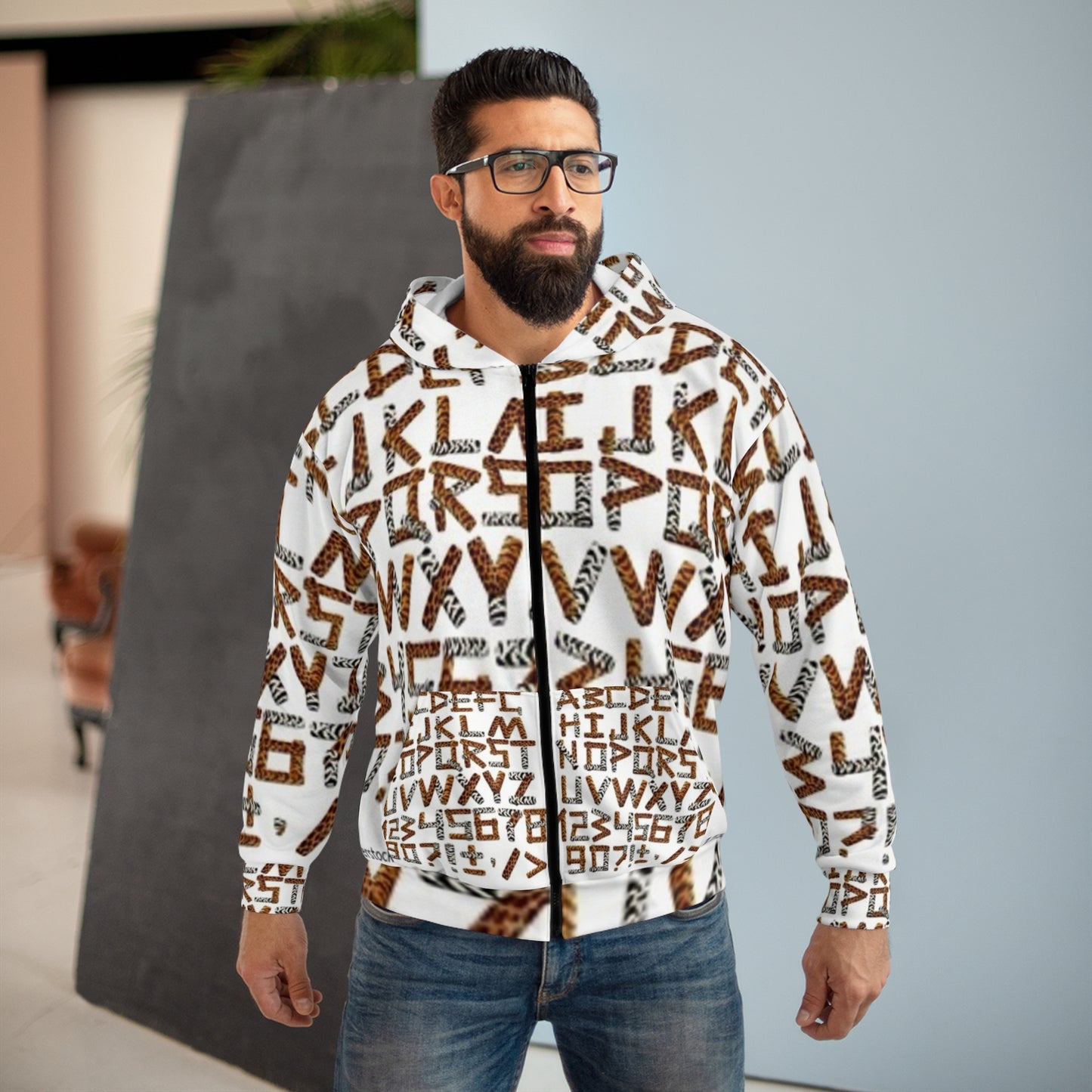 Safari-Inspired Unisex Zip Hoodie with Animal Print Letters