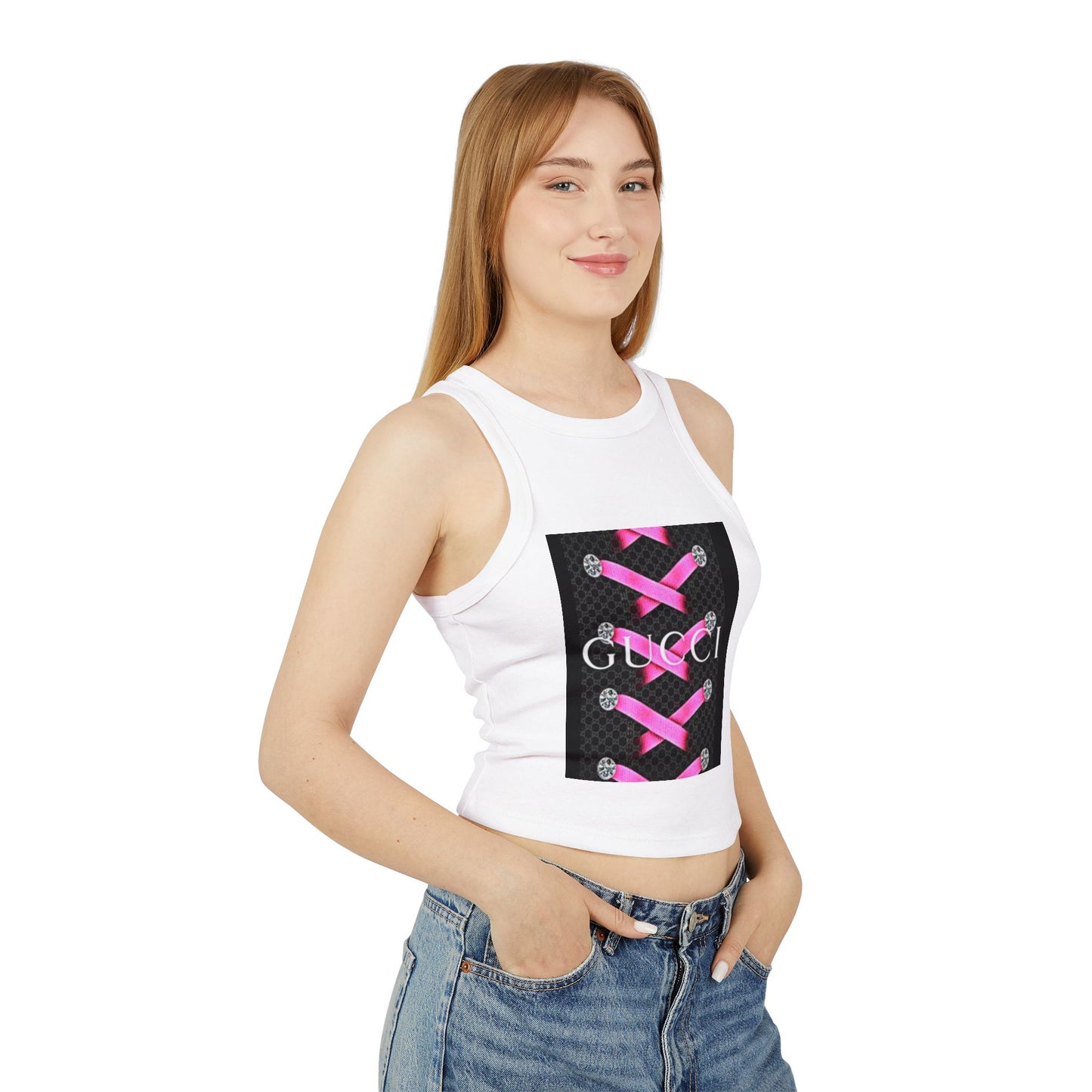 Stylish Women's Micro Rib Racer Tank Top with Pink Laces Design