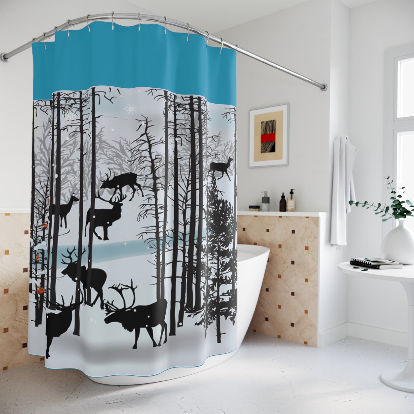 Modern Forest Deer Shower Curtain - Winter Cabin Decor