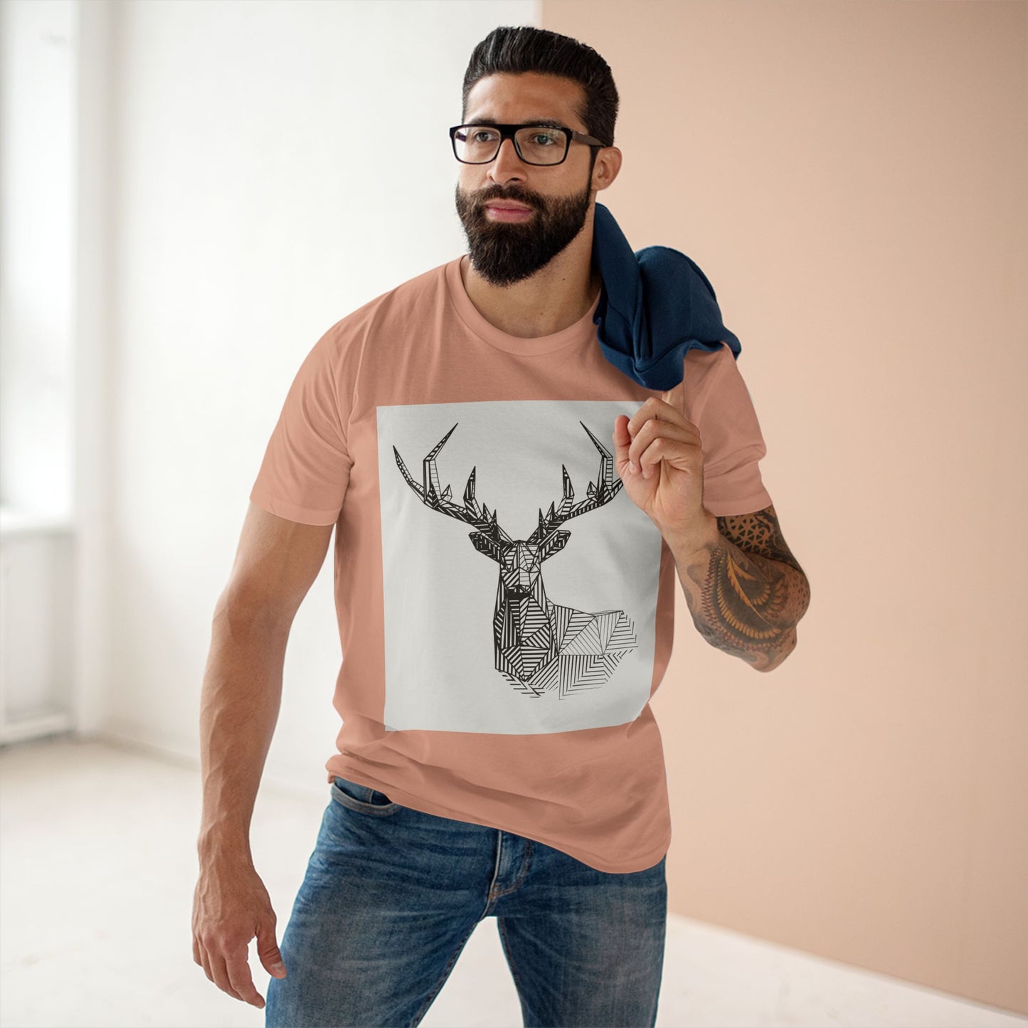 Geometric Deer & Spider Web Adult Staple Tee - Nature-Inspired Graphic T-Shirt for Outdoor Enthusiasts