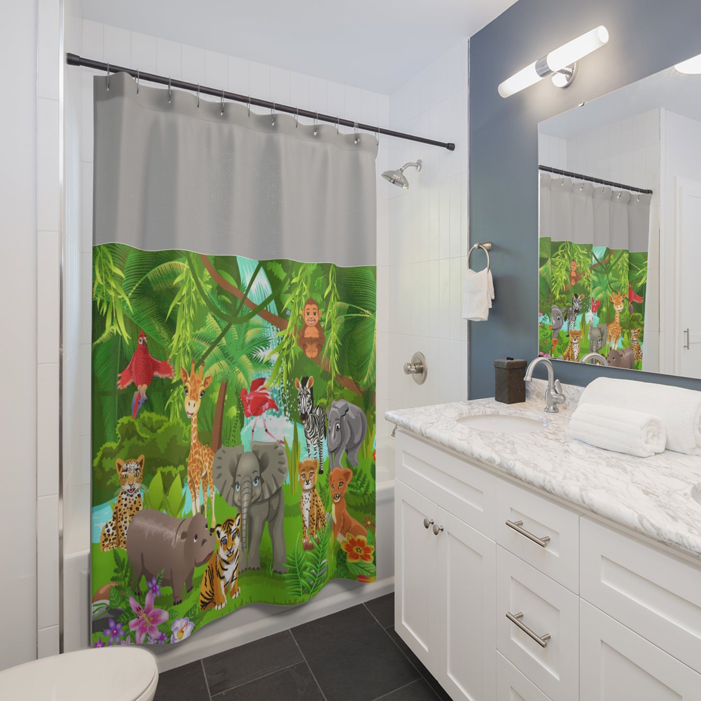 Colorful Jungle Animal Shower Curtain – Fun Kids Bathroom Decor