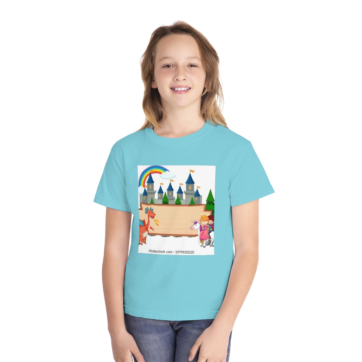 Youth Fantasy Castle Tee - Colorful Dragon & Rainbow Design