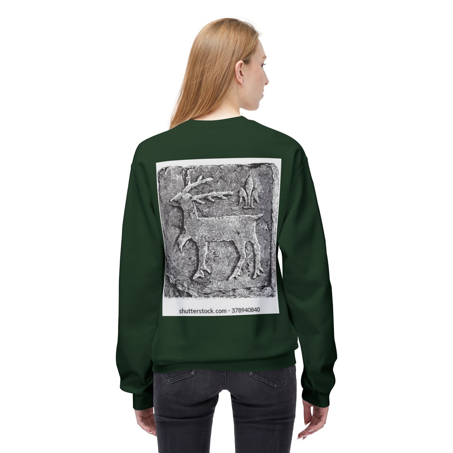Vintage-Inspired Fleece Crewneck Sweatshirt with Ancient Deer Design