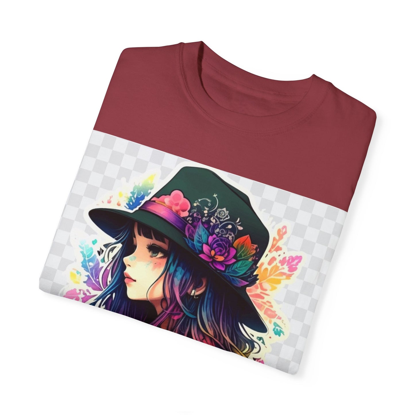 Vibrant Bohemian T-Shirt with Colorful Tattooed Girl Design