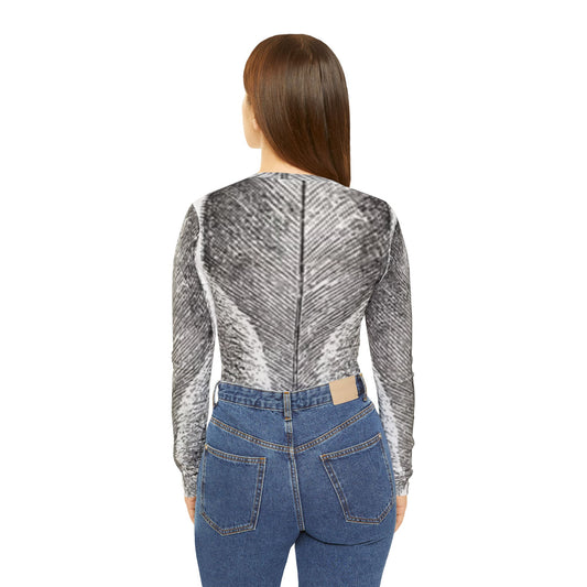Elegant Women's Long Sleeve V-Neck Shirt with Artistic Feather Design