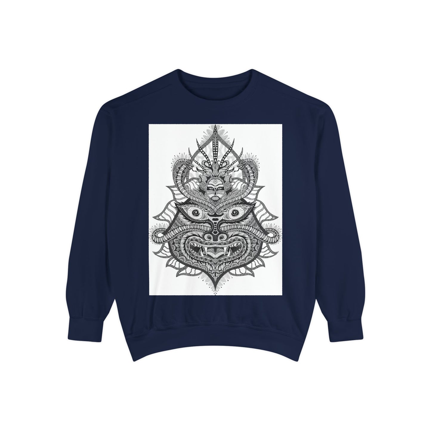 Unique Unisex Garment-Dyed Sweatshirt with Intricate Graphic Design