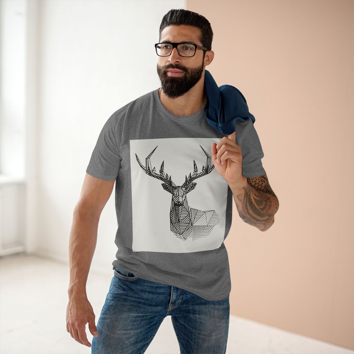 Geometric Deer & Spider Web Adult Staple Tee - Nature-Inspired Graphic T-Shirt for Outdoor Enthusiasts