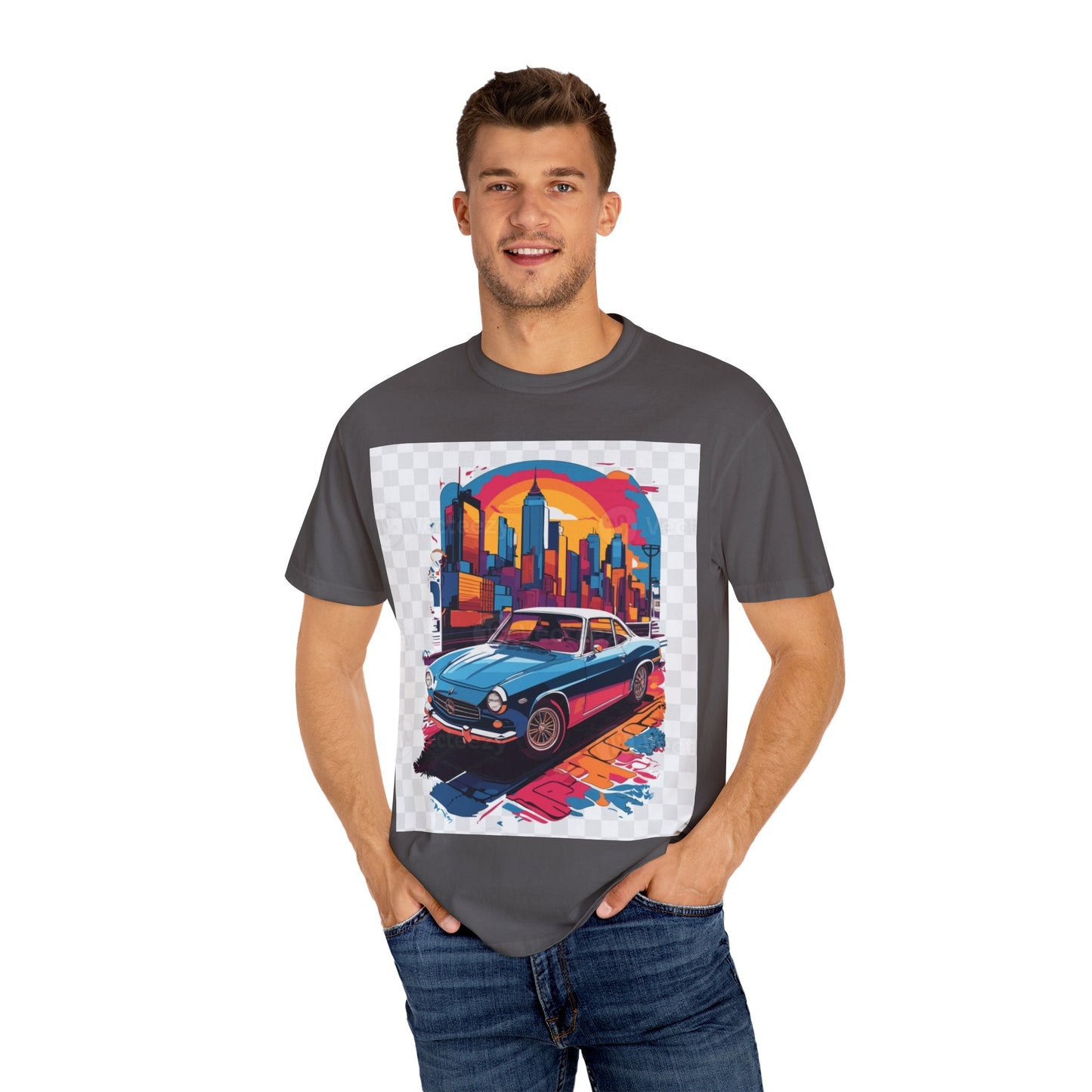 Retro Car Graphic Unisex T-Shirt - Colorful Cityscape Design